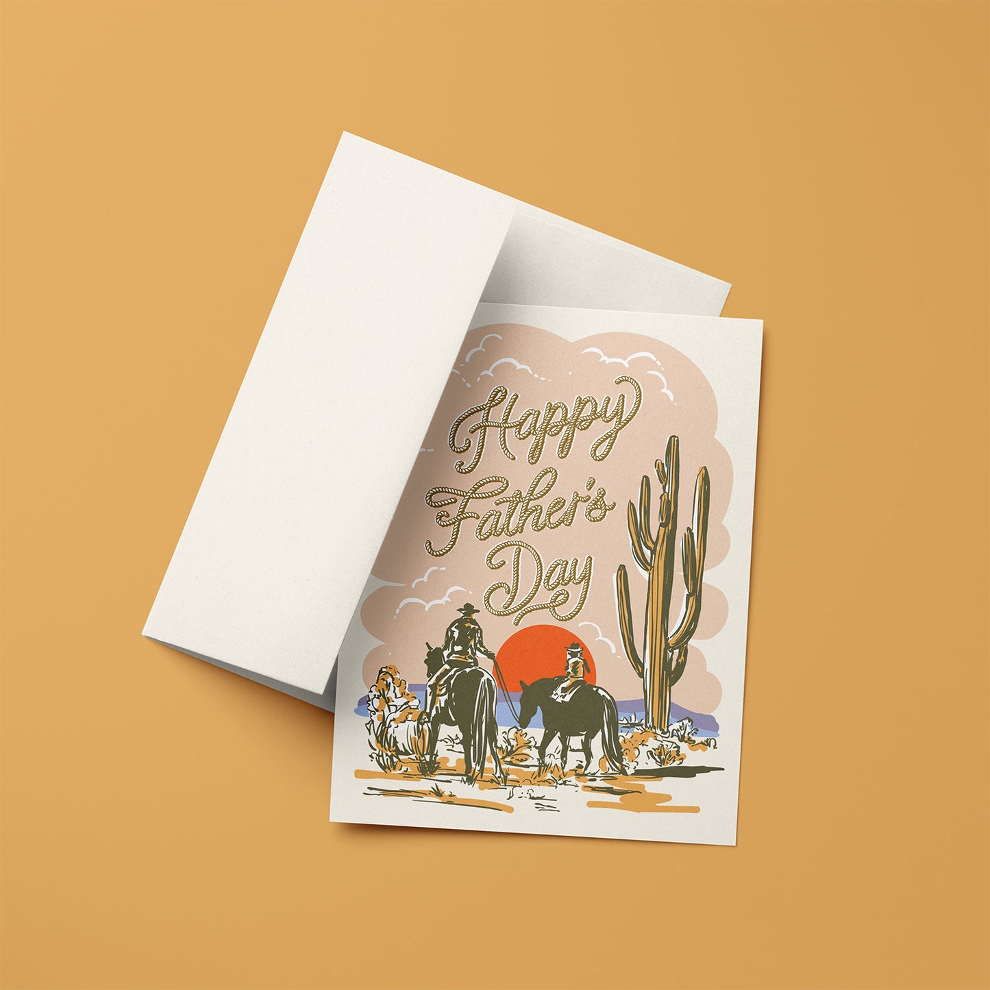 Father’s Day card with an illustration of a father and child on horses in a desert landscape.