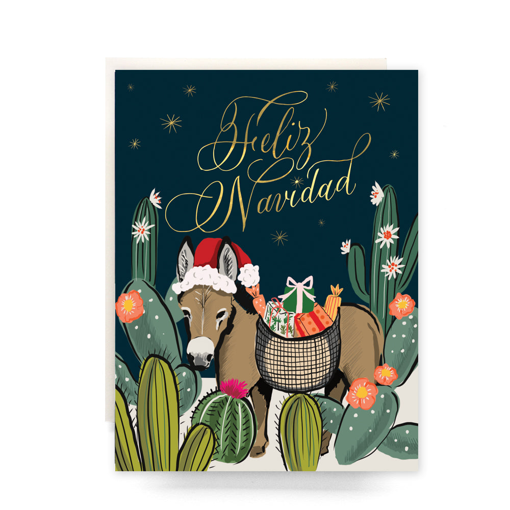 Feliz Navidad holiday card, with colorful festive desert designs featuring a donkey carrying presents, ideal for sending Spanish holiday greetings, blank inside.