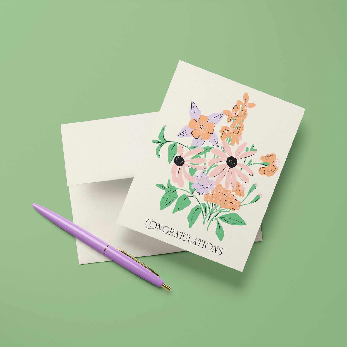 A beautifully illustrated greeting card featuring a bouquet of hand-drawn flowers in soft peach, lavender, and green hues. The card showcases the elegant text "Congratulations" in a refined font, making it a perfect choice for celebrating special achievements, weddings, promotions, or milestones.