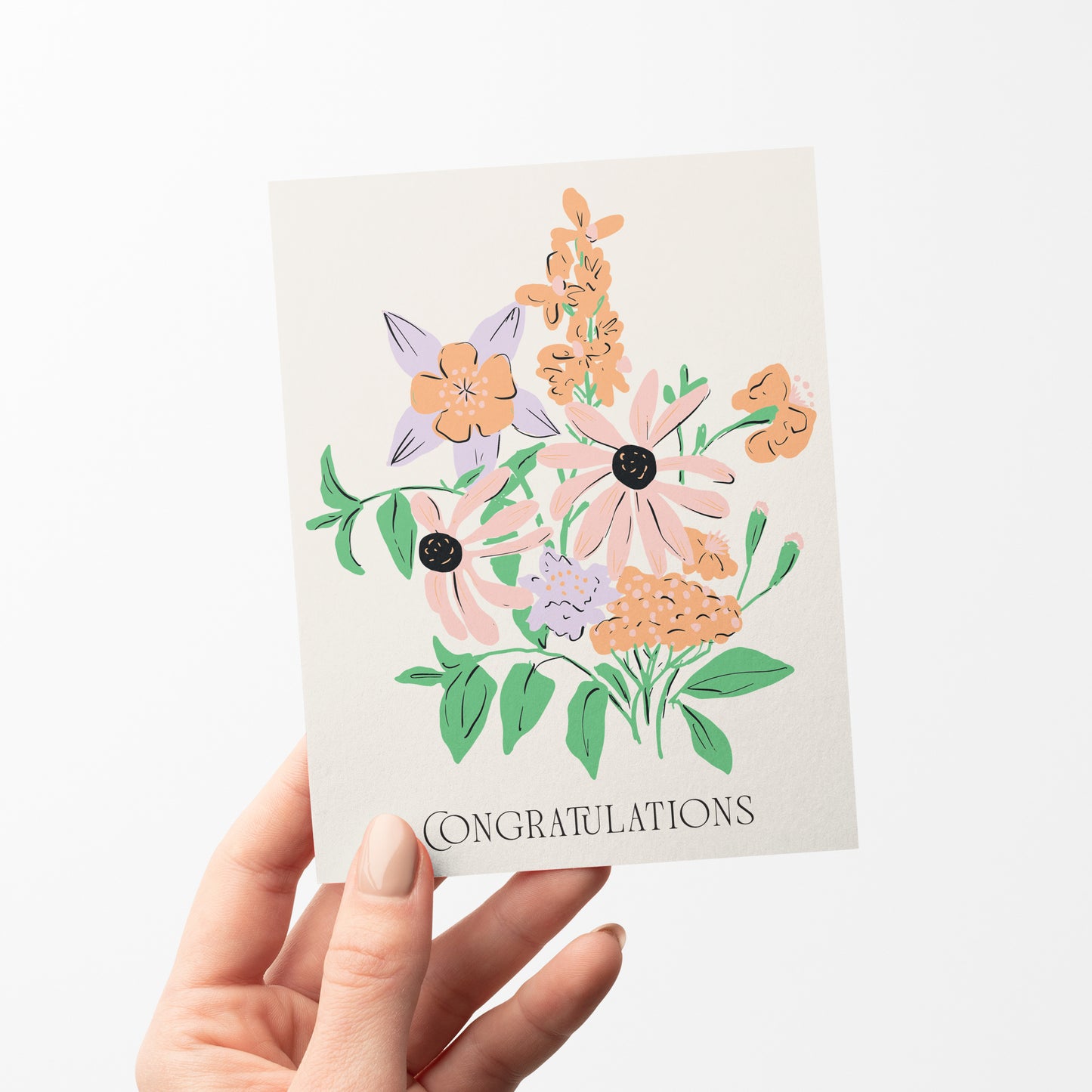 A beautifully illustrated greeting card featuring a bouquet of hand-drawn flowers in soft peach, lavender, and green hues. The card showcases the elegant text "Congratulations" in a refined font, making it a perfect choice for celebrating special achievements, weddings, promotions, or milestones.