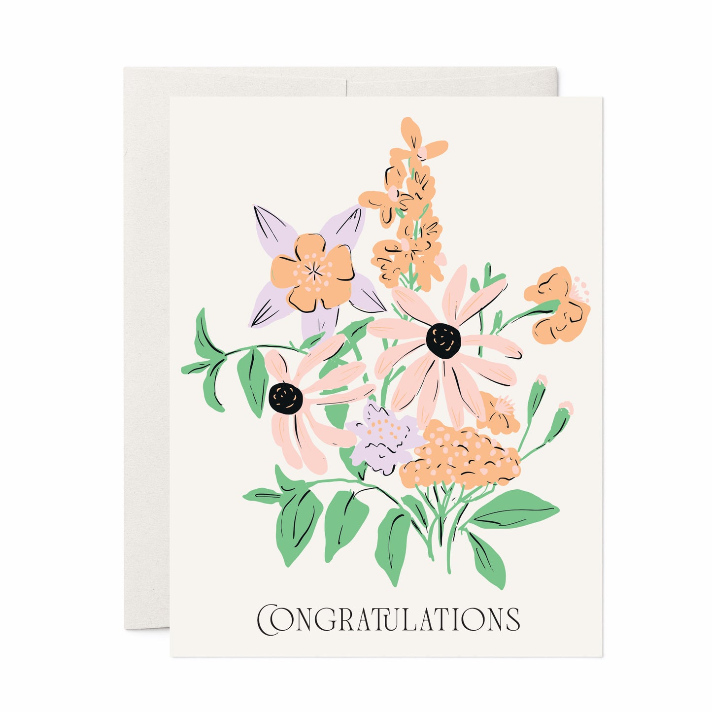A beautifully illustrated greeting card featuring a bouquet of hand-drawn flowers in soft peach, lavender, and green hues. The card showcases the elegant text "Congratulations" in a refined font, making it a perfect choice for celebrating special achievements, weddings, promotions, or milestones.