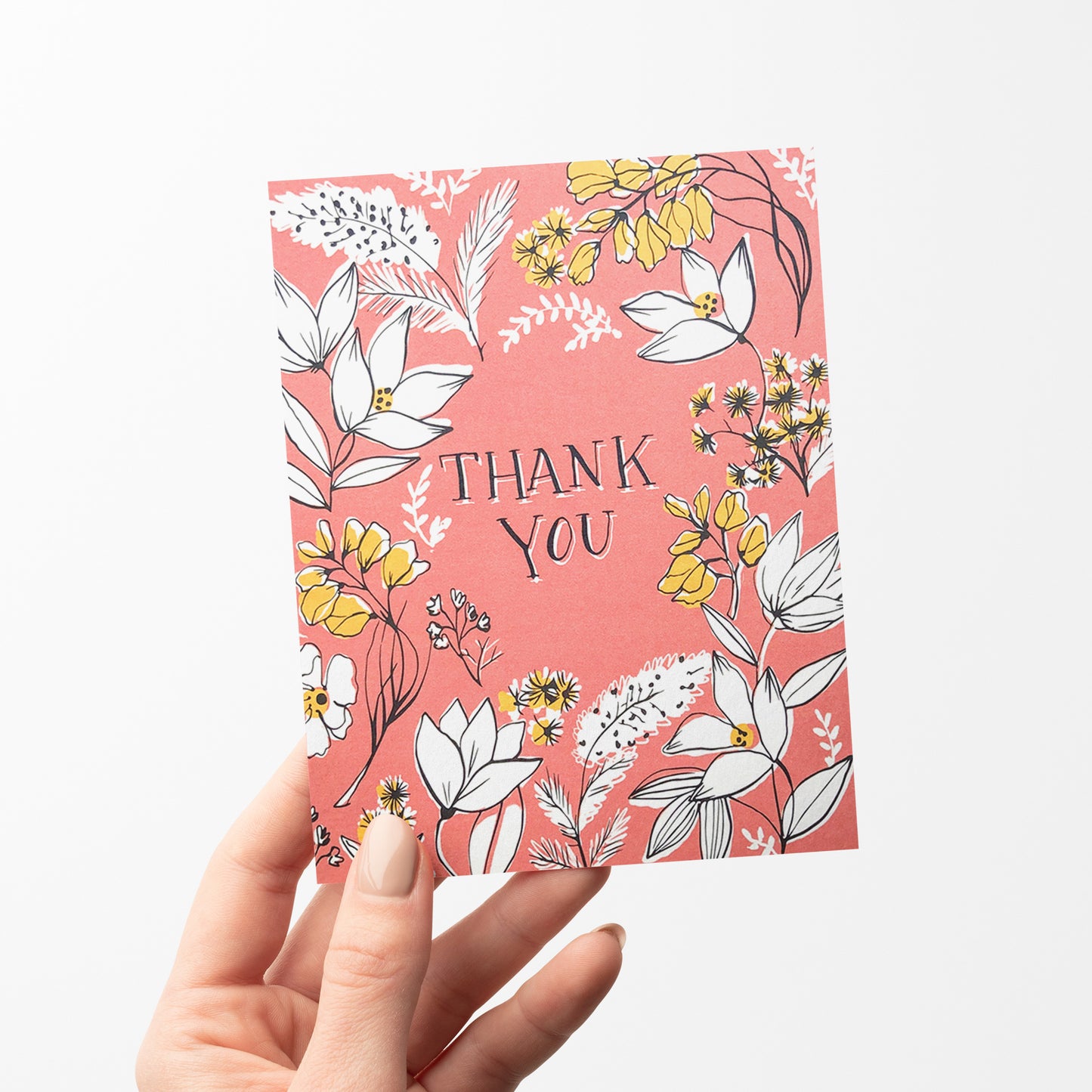 Thank you card with a classic floral toile pattern and a bold thank-you note.