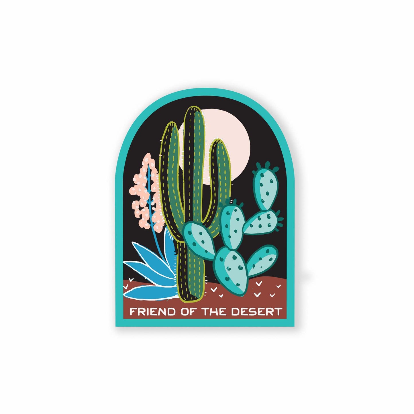 A picturesque sticker showcasing a serene desert landscape with cacti accompanied by the phrase "Friend of the Desert," perfect for adding a touch of nature and adventure to journals, planners, or water bottles.