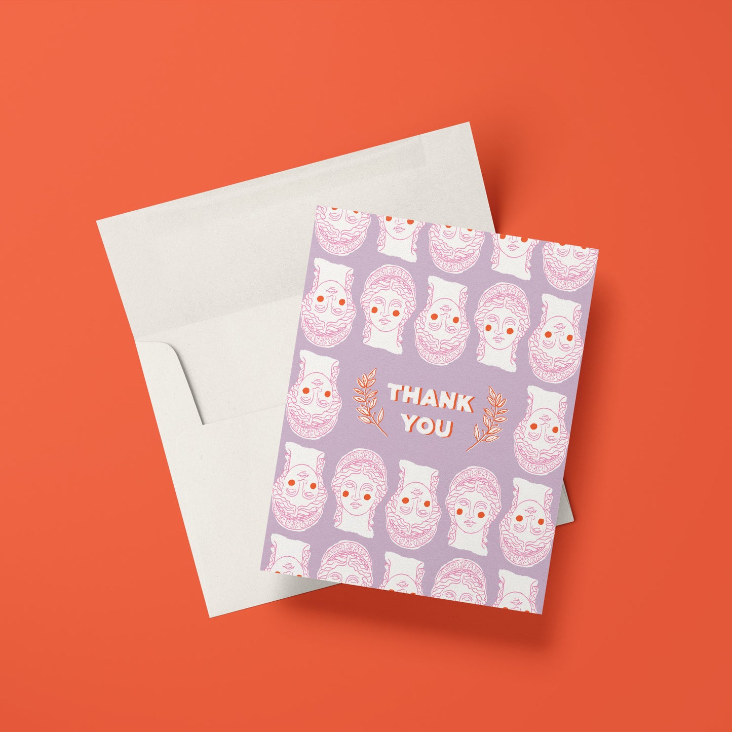 Thank you card with a Grecian-inspired design featuring classic Greek bust in a fun pattern on a purple background.