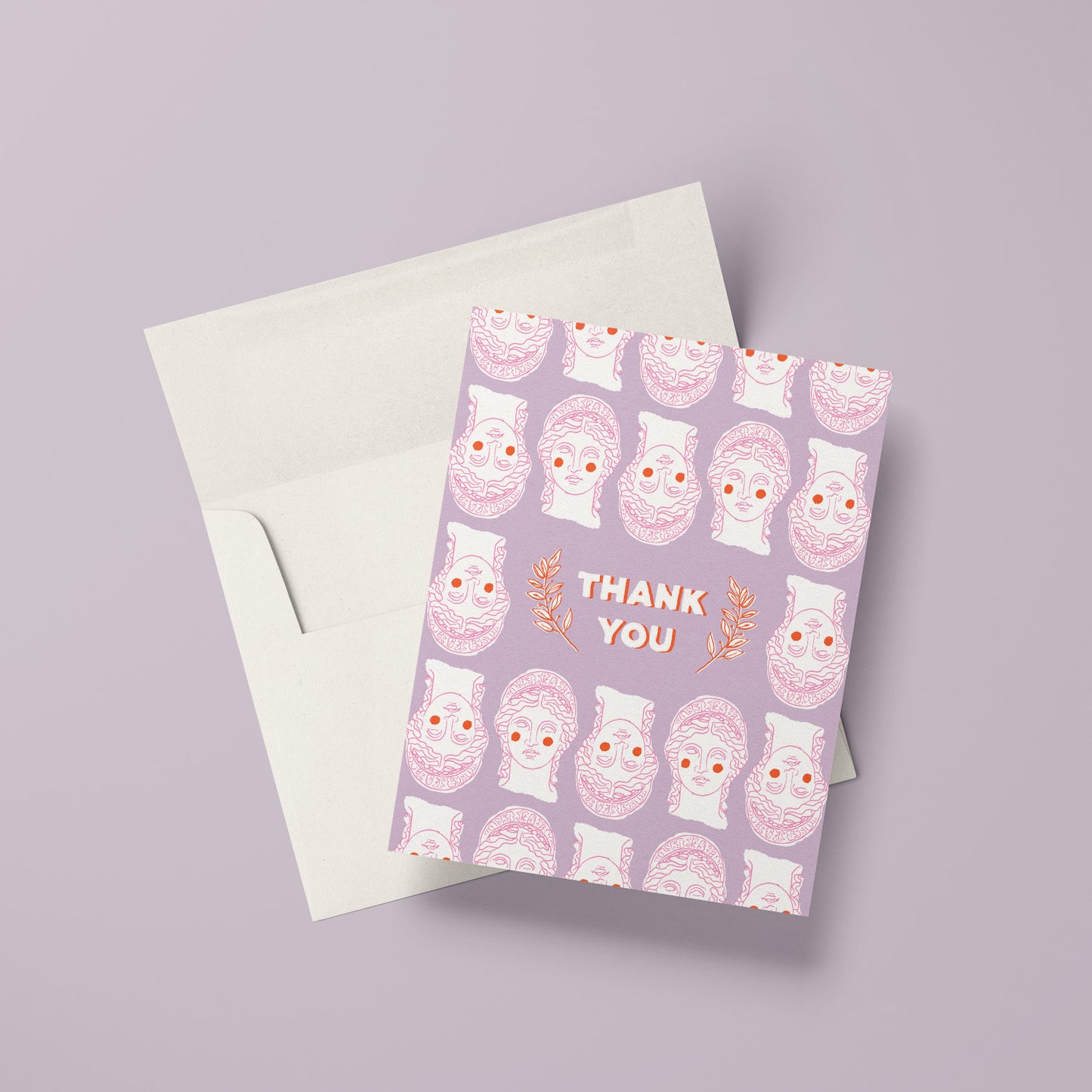 Thank you card with a Grecian-inspired design featuring classic Greek bust in a fun pattern on a purple background.