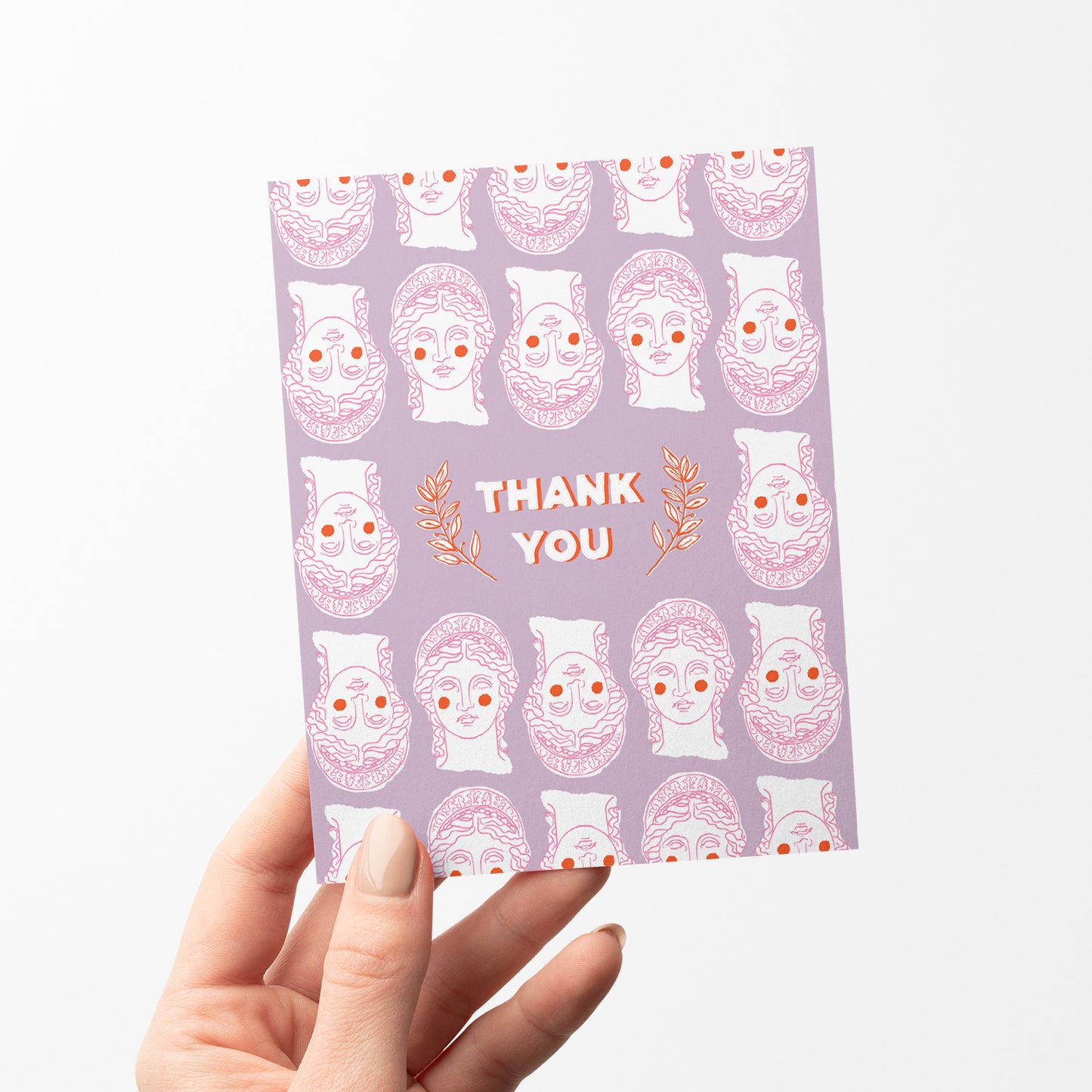 Thank you card with a Grecian-inspired design featuring classic Greek bust in a fun pattern on a purple background.