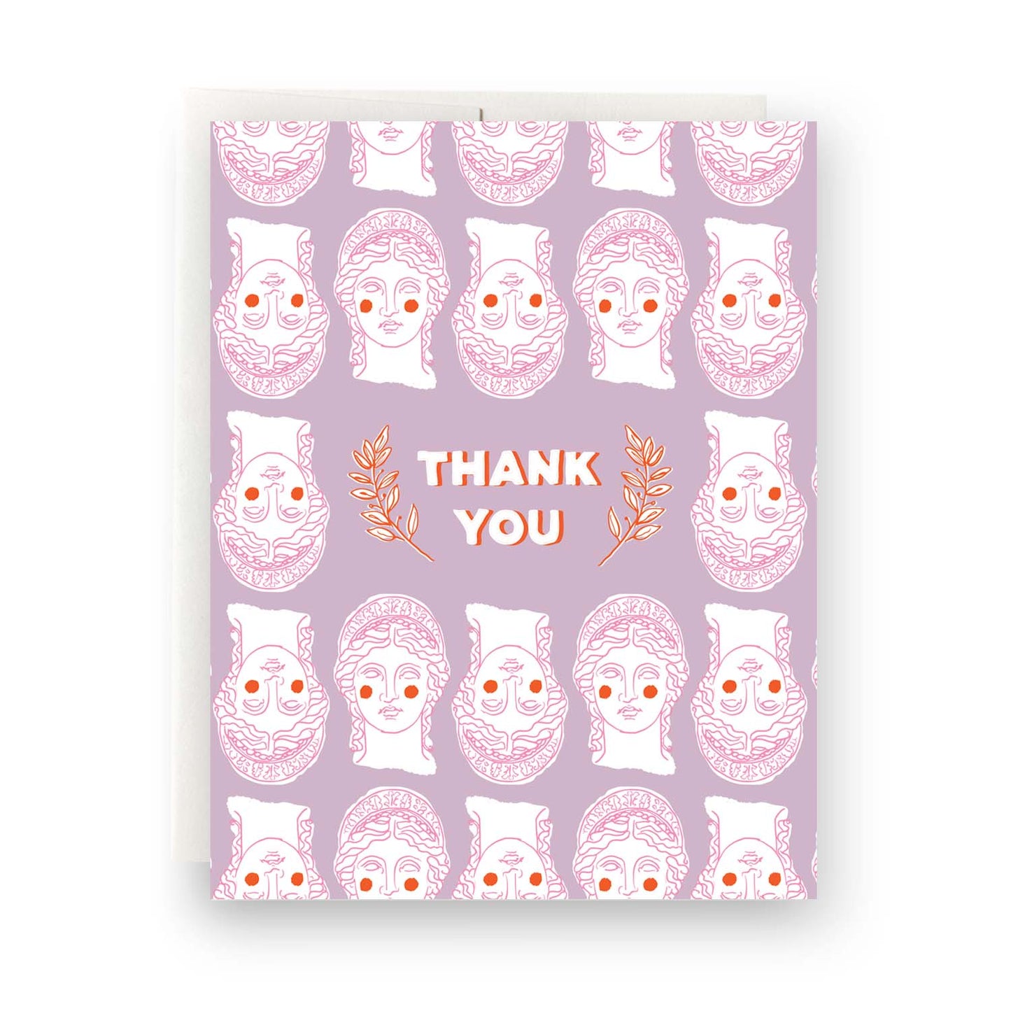 Thank you card with a Grecian-inspired design featuring classic Greek bust in a fun pattern on a purple background.