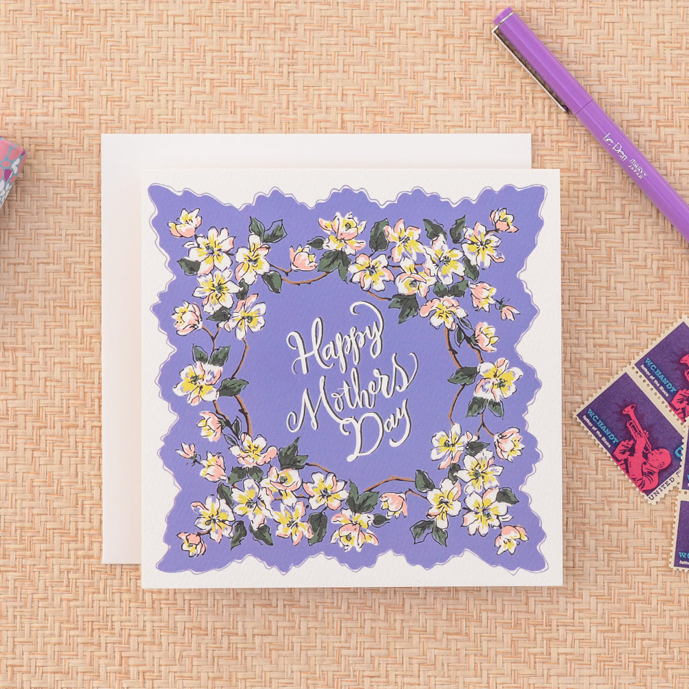 Handkerchief Mother's Day card with vintage floral design, perfect for moms who appreciate classic elegance.