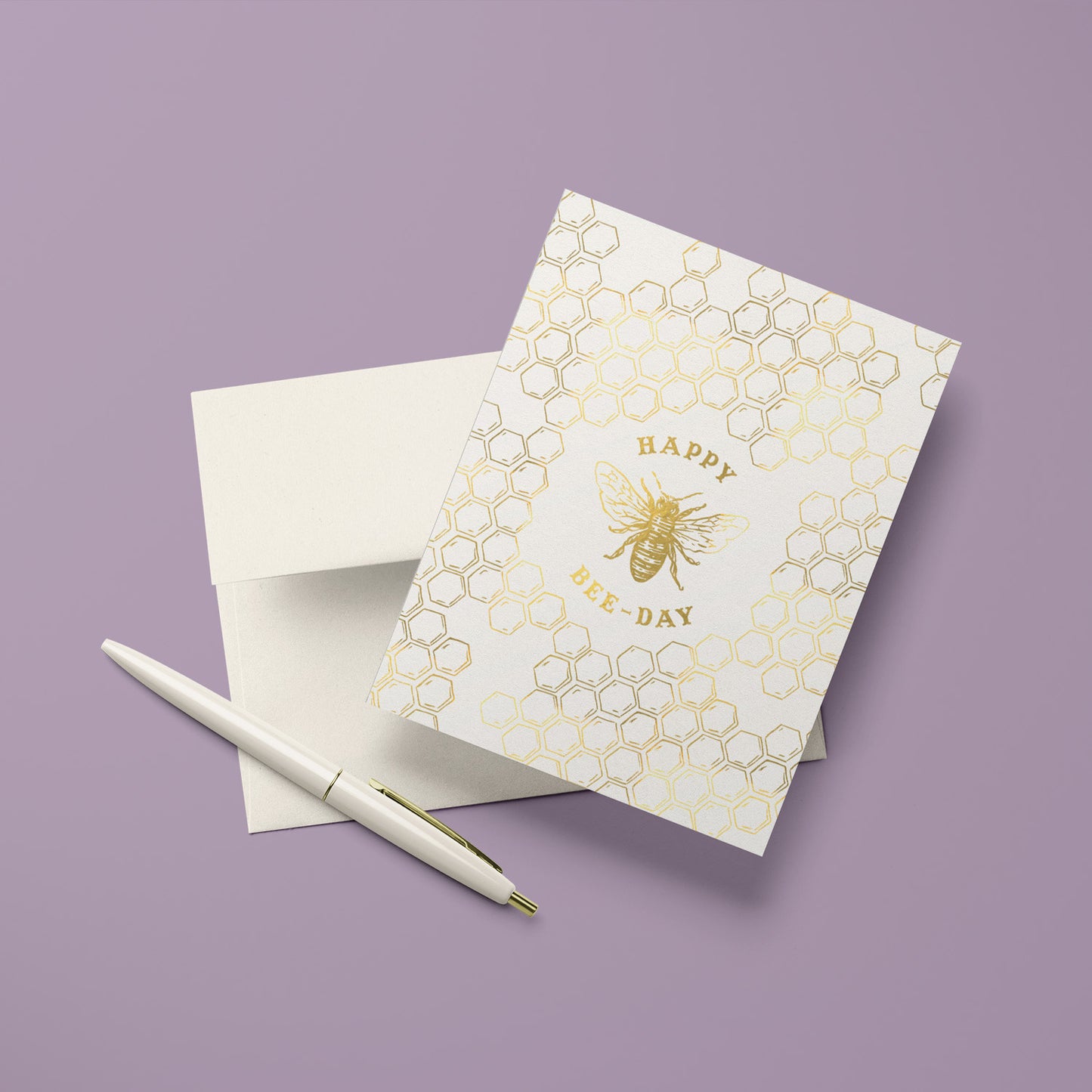 Playful birthday card with gold foil honey comb and bee illustration, a fun way to celebrate a birthday with a nature-loving twist.