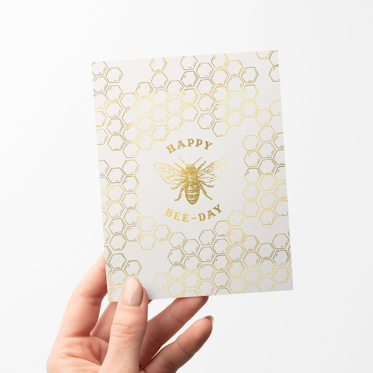 Playful birthday card with gold foil honey comb and bee illustration, a fun way to celebrate a birthday with a nature-loving twist.