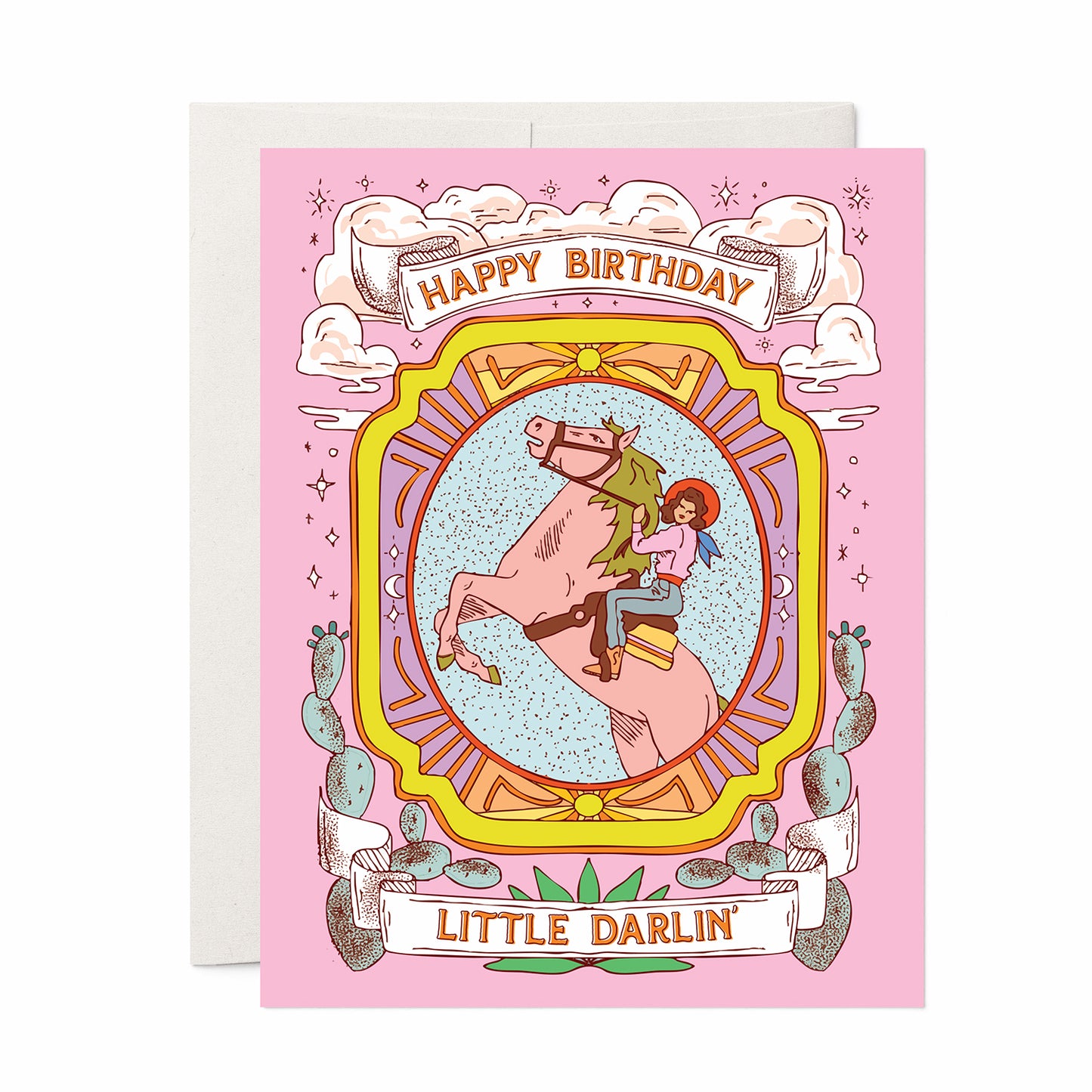 Western-themed pink birthday card with cowgirl riding a horse and the text “Happy Birthday Little Darlin’.”