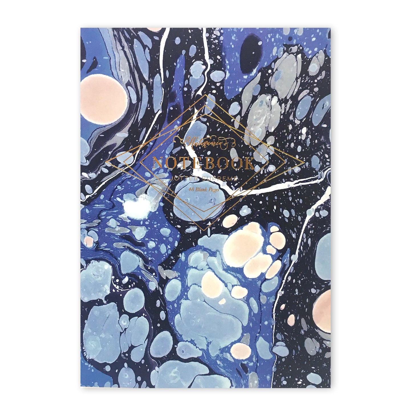 Black and blue softcover staple-bound notebook featuring a marble design. Blank interior pages.