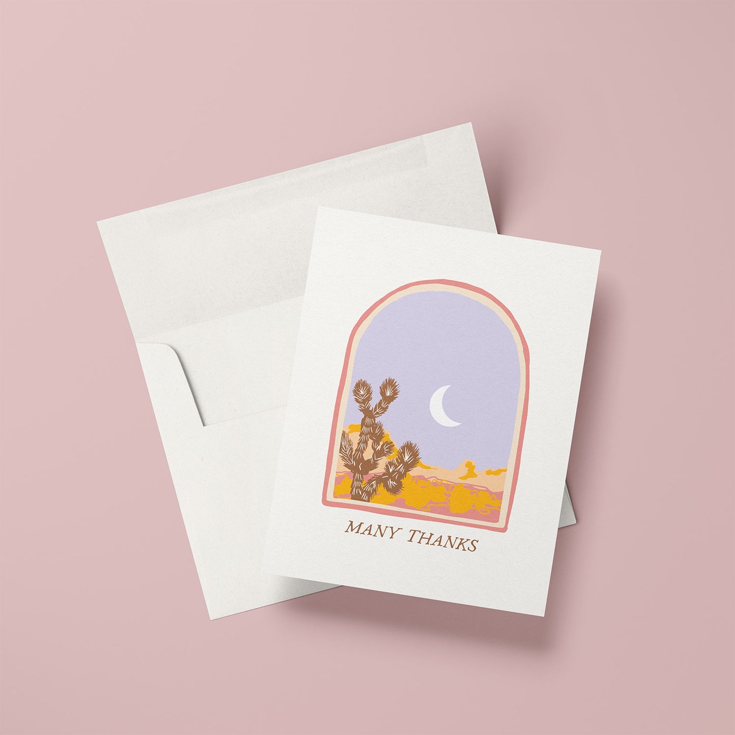 A beautifully illustrated thank-you card featuring a serene desert vista with a prominent Joshua tree. The card includes the message "Many Thanks," making it a thoughtful choice for expressing gratitude with a touch of natural beauty.