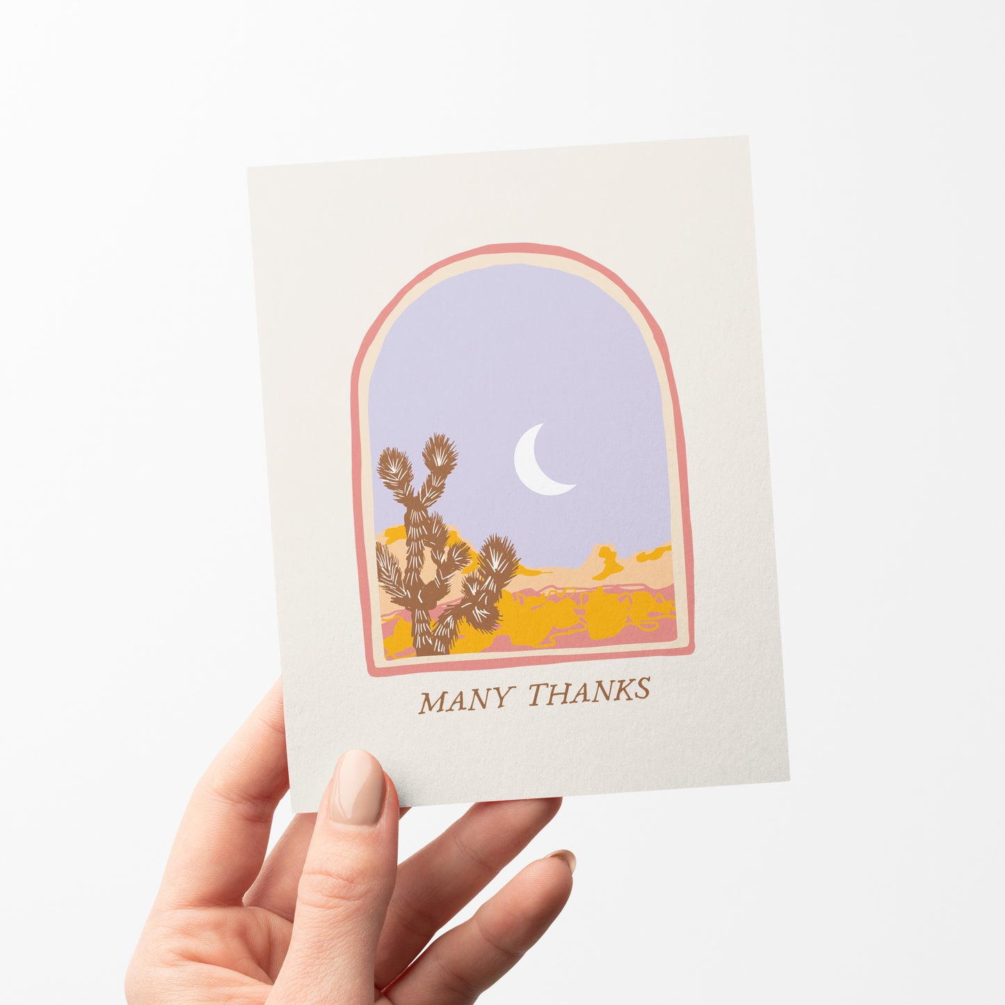 A beautifully illustrated thank-you card featuring a serene desert vista with a prominent Joshua tree. The card includes the message "Many Thanks," making it a thoughtful choice for expressing gratitude with a touch of natural beauty.