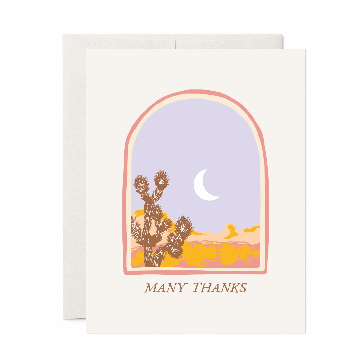 A beautifully illustrated thank-you card featuring a serene desert vista with a prominent Joshua tree. The card includes the message "Many Thanks," making it a thoughtful choice for expressing gratitude with a touch of natural beauty.