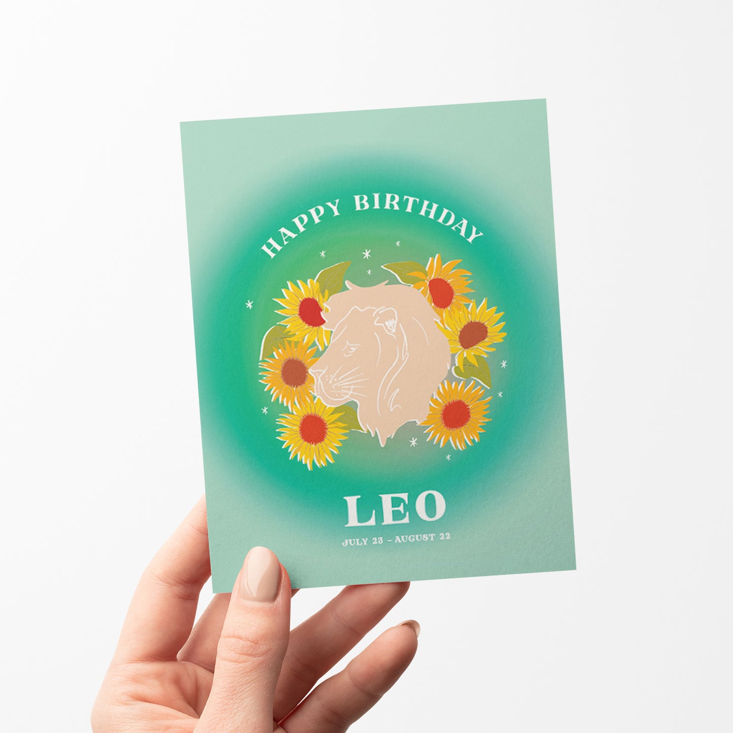 Bold birthday card showcasing the Leo symbol with radiant greens and a lion motif, reflecting the confidence and charisma of Leo.