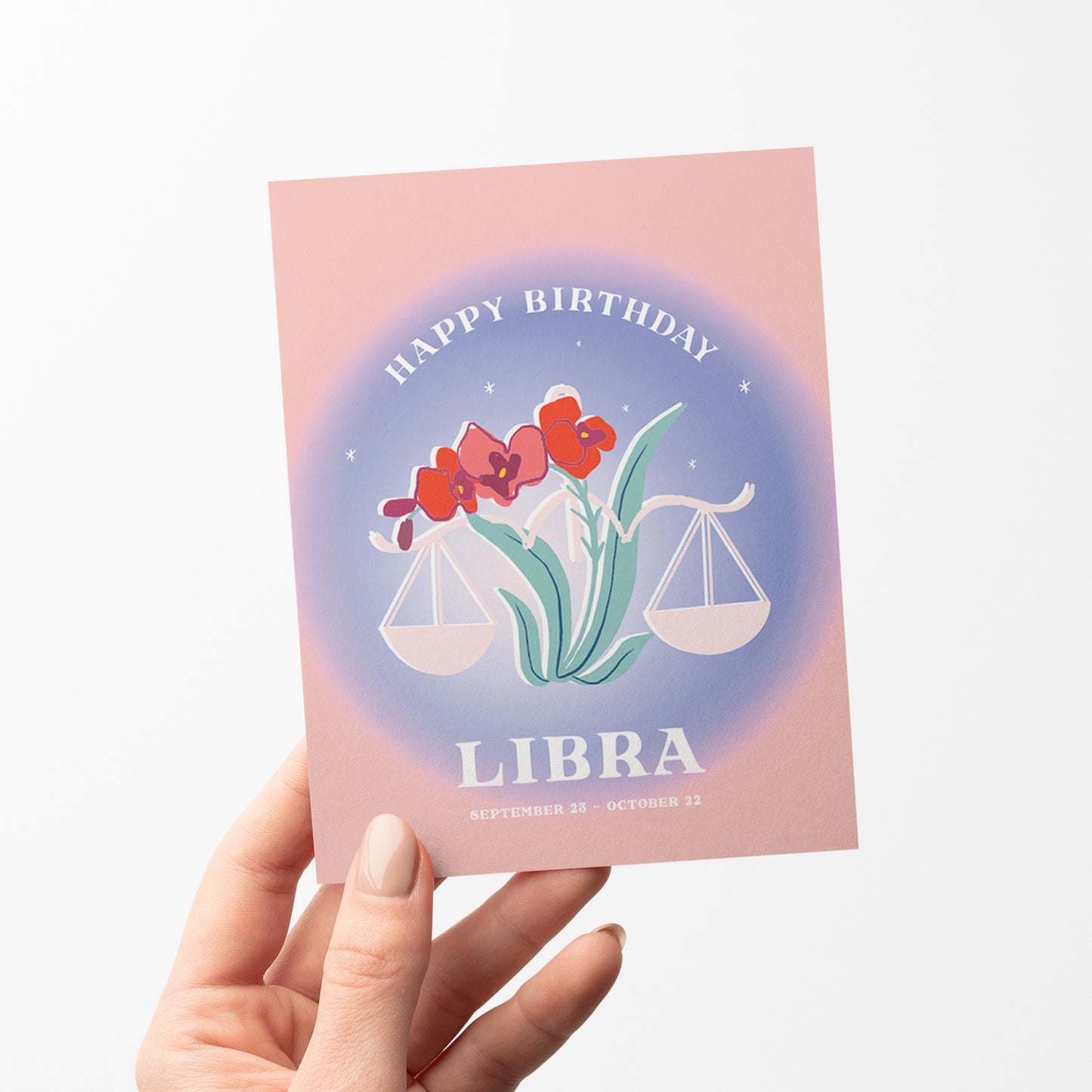 Balanced birthday card featuring the Libra symbol with harmonious colors and scales, embodying Libra's love for beauty and harmony.