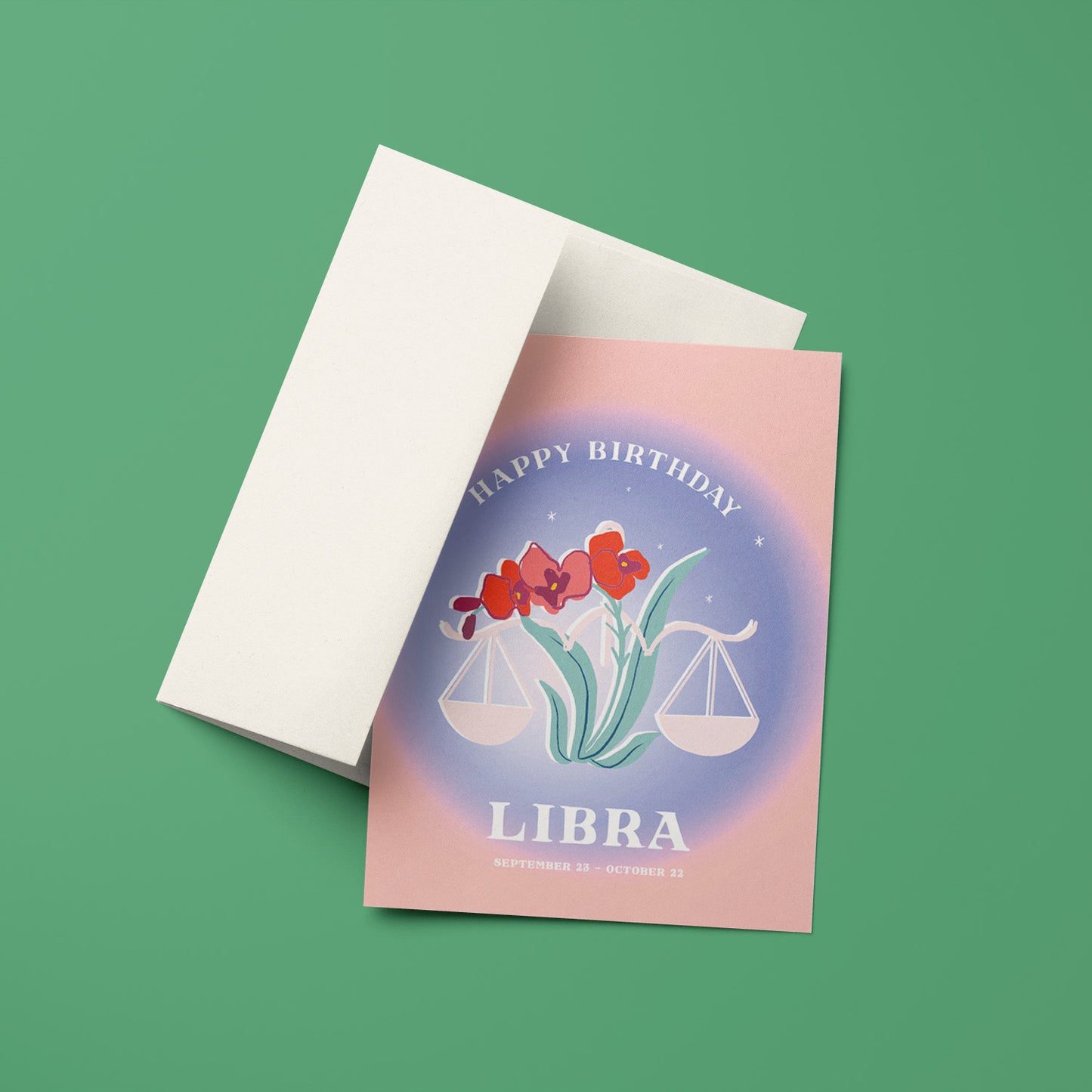 Balanced birthday card featuring the Libra symbol with harmonious colors and scales, embodying Libra's love for beauty and harmony.