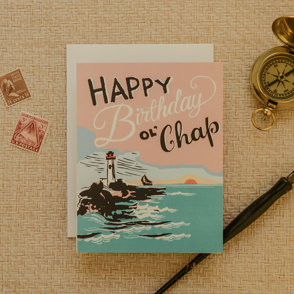 Scenic birthday card featuring a lighthouse standing tall against a coastal backdrop, symbolizing guidance and celebration for a special birthday