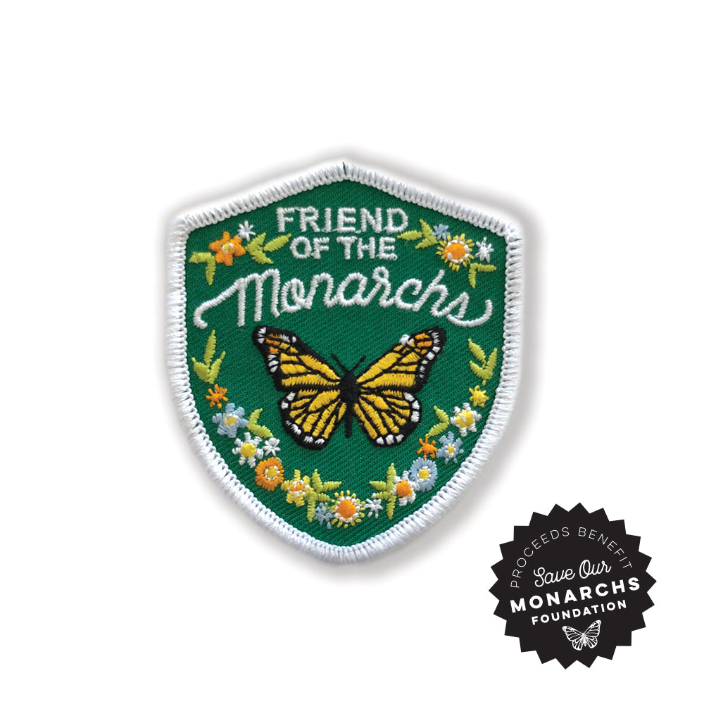 Colorful monarch featuring floral design embroidered iron-on patch with detailed petals, perfect for jackets, bags, or hats.