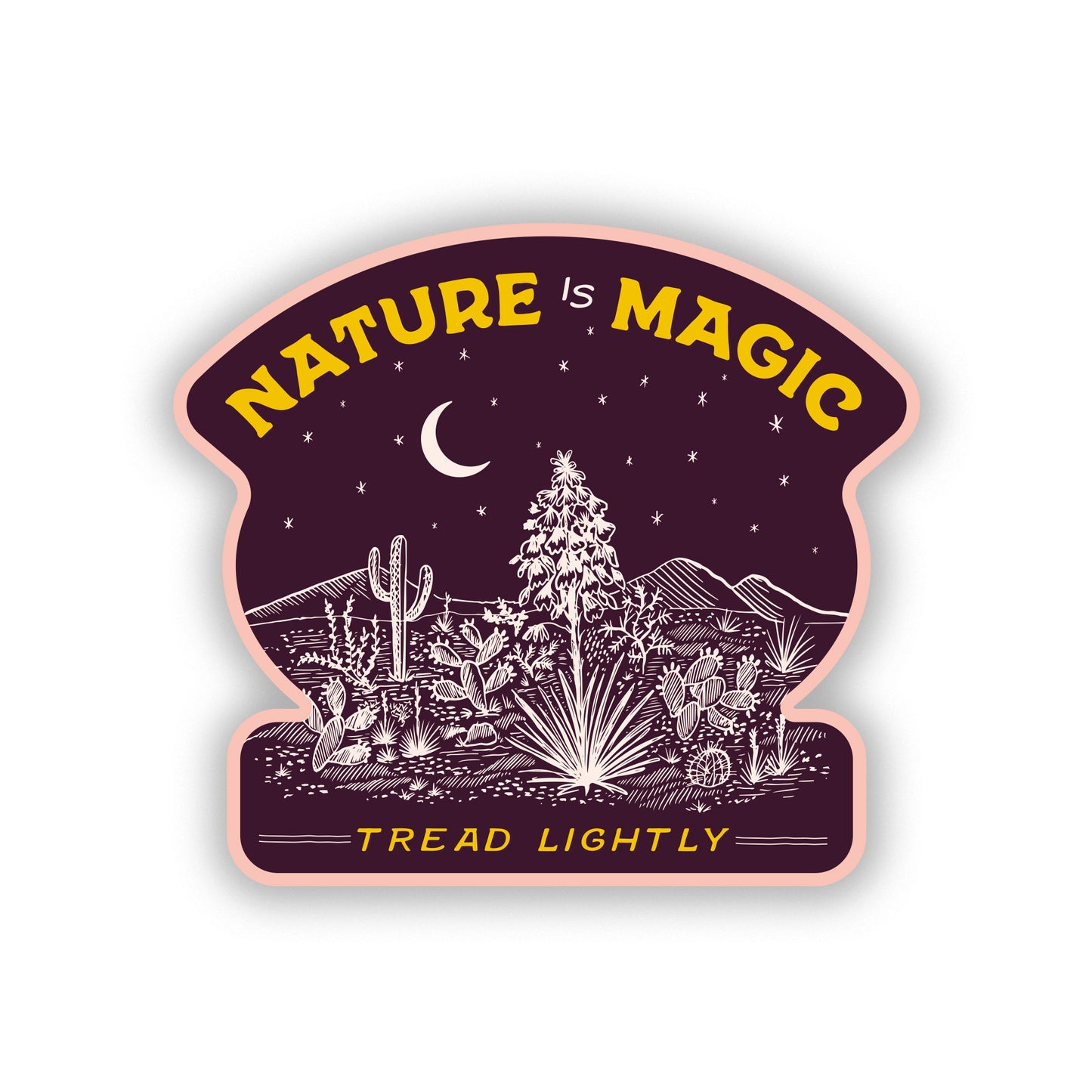 Desert-themed sticker featuring vibrant illustrations of cacti and landscapes, alongside the phrase 'Nature is Magic,' celebrating the beauty of the natural world; perfect for decorating water bottles, laptops, or craft projects.