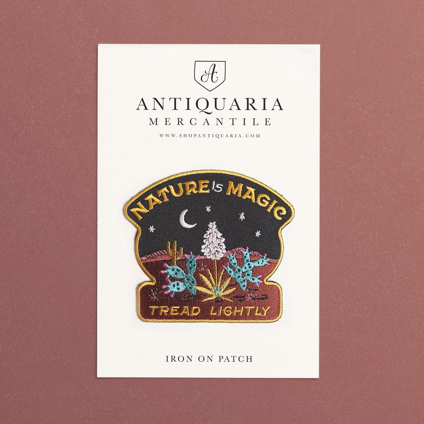 Desert themed Nature Is Magic embroidered iron-on patch featuring desert landscape, and a stary sky, perfect for adding a touch of enchantment to jackets, bags, or hats