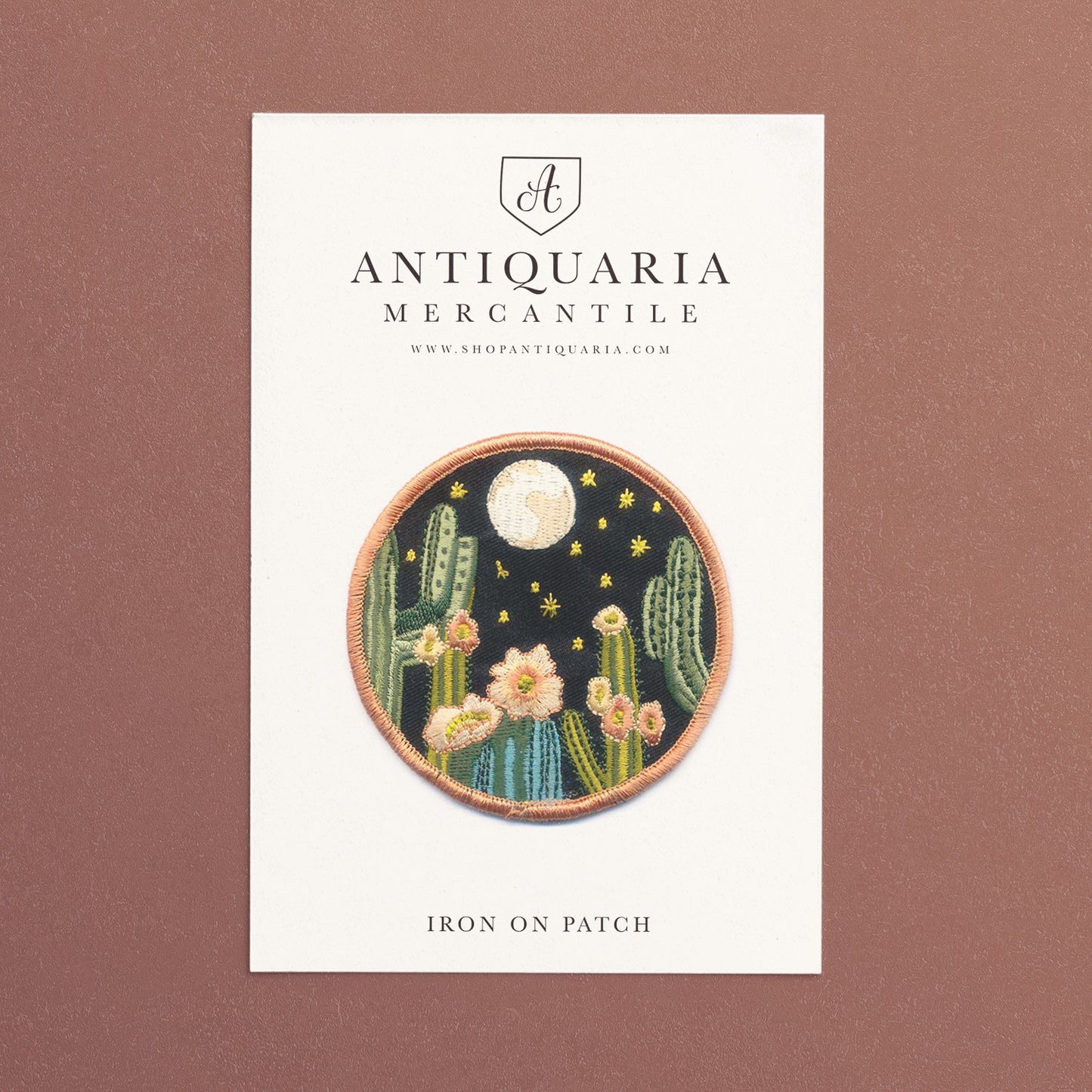 Intricate Night Cactus embroidered iron-on patch featuring a cactus under a starry night sky, perfect for adding a desert-inspired touch to jackets, bags, or hats.