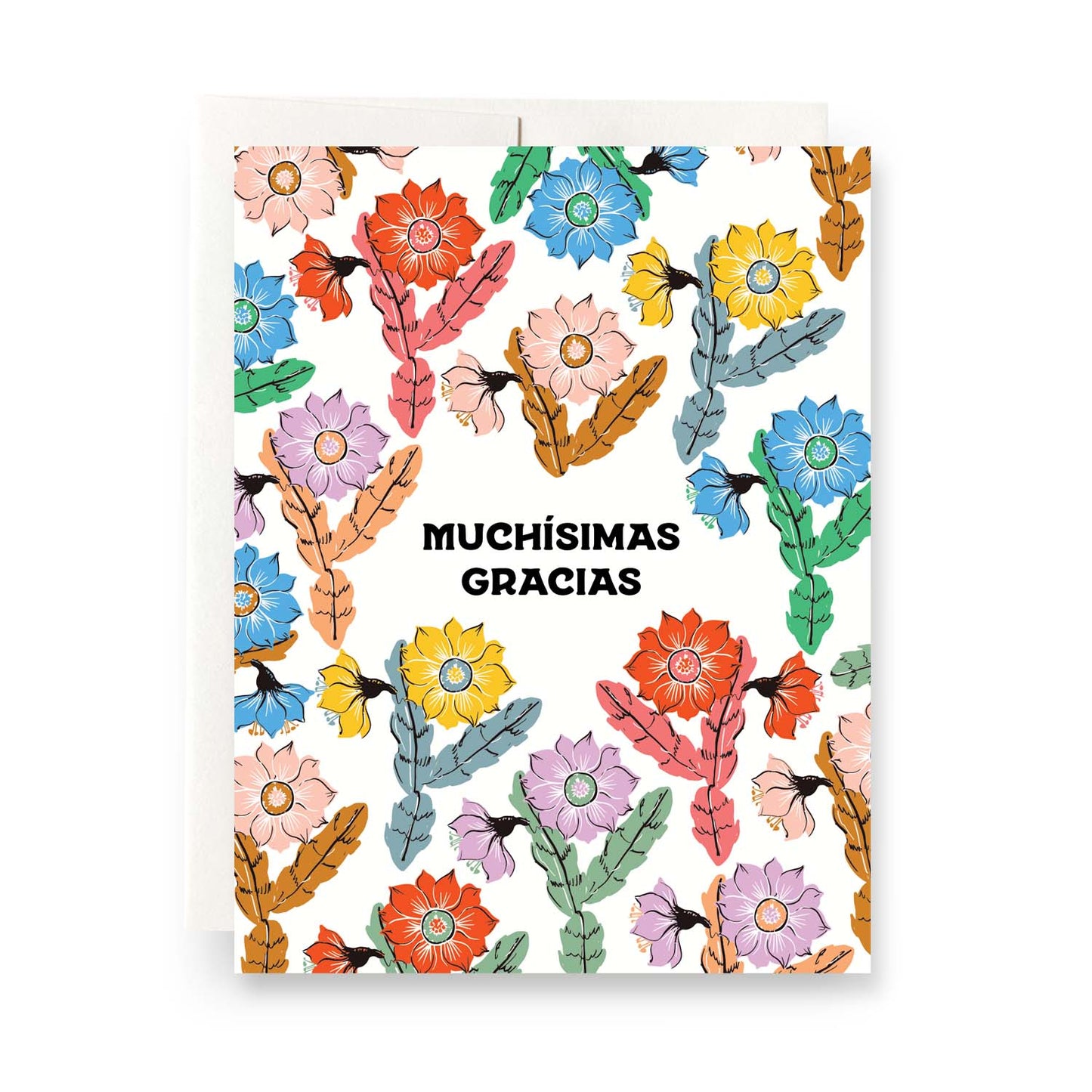 Thank you card with a unique orchid cactus illustration and 'Muchisimas Gracias' in modern font