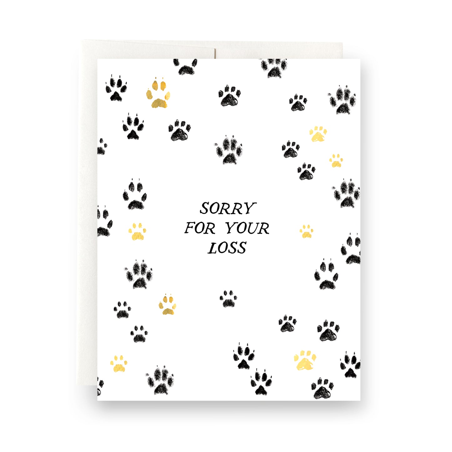 Paw prints with 'Sorry for Your Loss' text on a blank pet sympathy card.