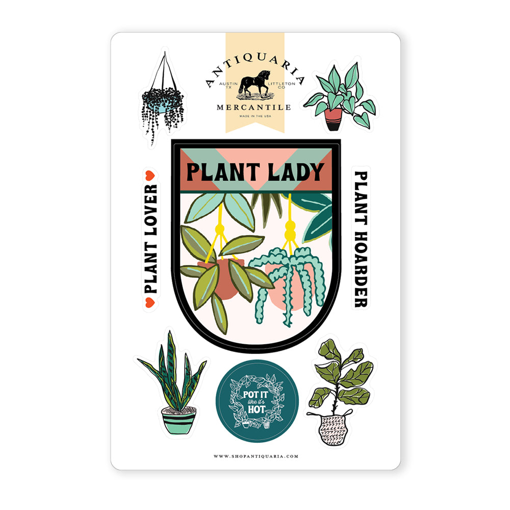 Charming stickers showcasing a friendly 'Plant lady' design with a vibrant houseplants, celebrating plant love; ideal for customizing water bottles, laptops, or craft projects.