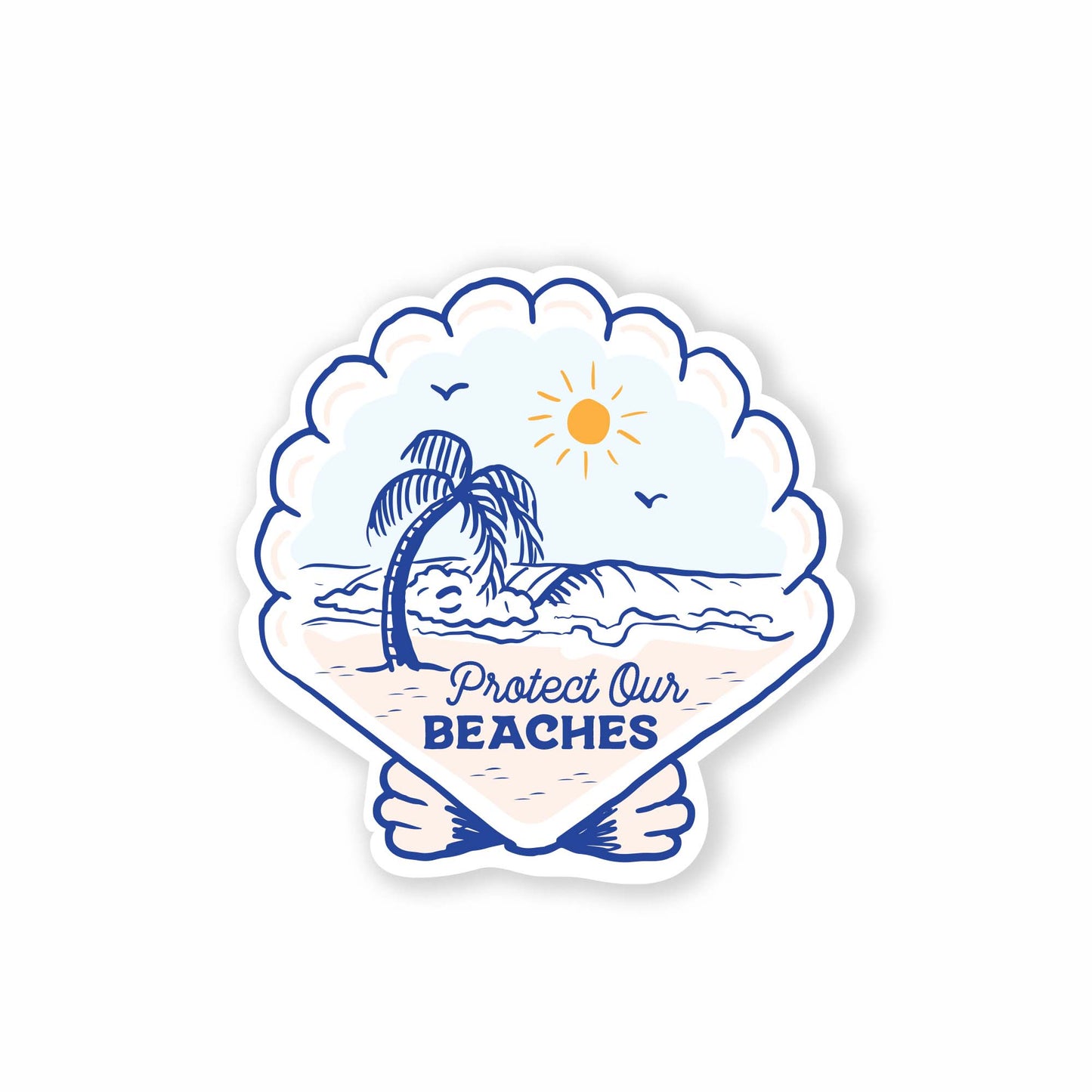 Coastal-themed sticker featuring a detailed sea shell illustration with the phrase 'Protect Our Beaches,' promoting environmental awareness; perfect for personalizing water bottles, laptops, or craft projects.