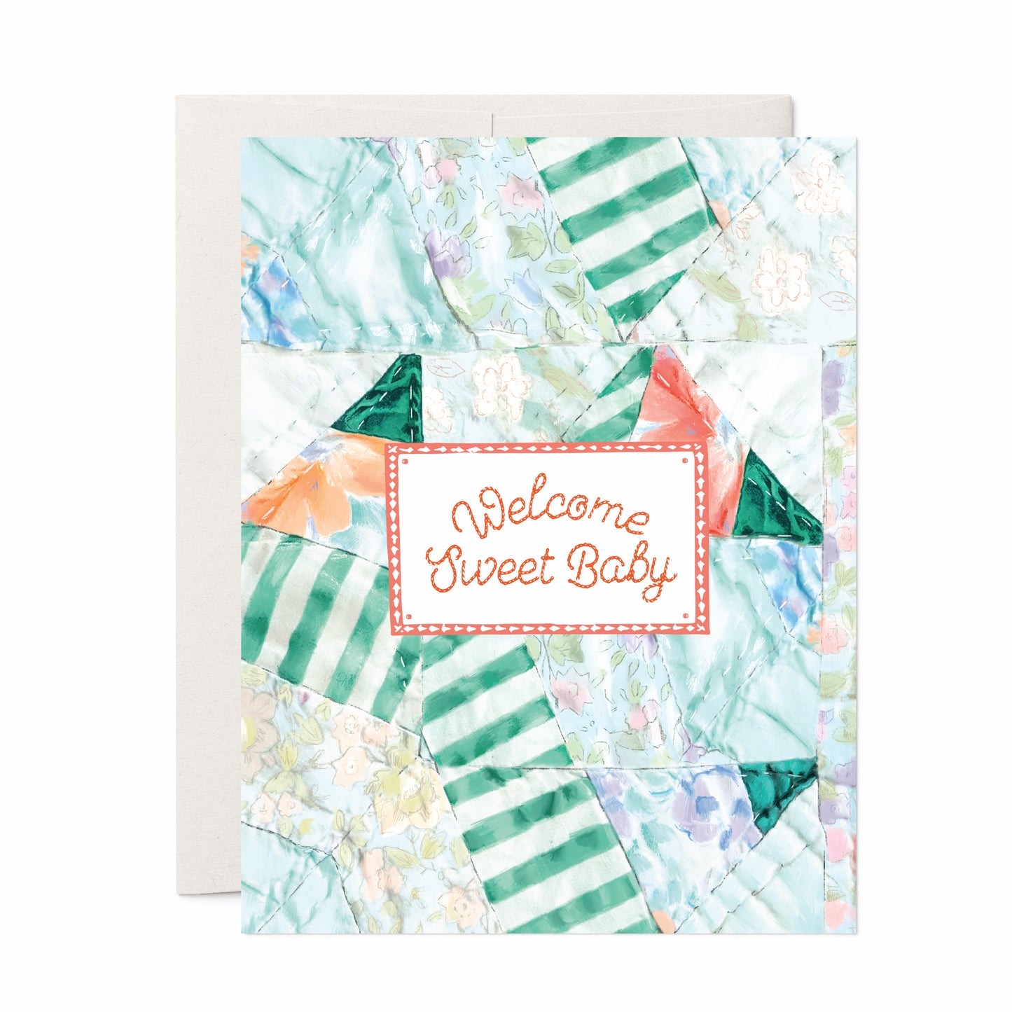 A charming greeting card featuring a quilt-inspired background with soft, patchwork patterns. The design includes a quilt tag with the message "Welcome Sweet Baby," making it a heartfelt choice for celebrating a new arrival. Perfect for baby showers and newborn gifts.