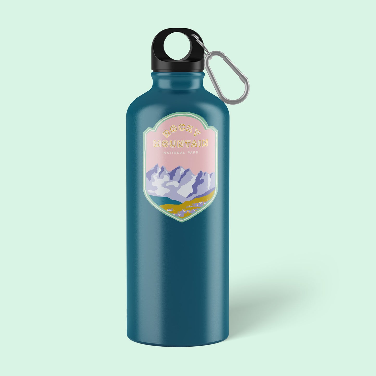 A Rocky Mountain National Park sticker featuring iconic Mountain landscape, including mountains, trees, and field of flowers, perfect for outdoor enthusiasts and nature lovers.