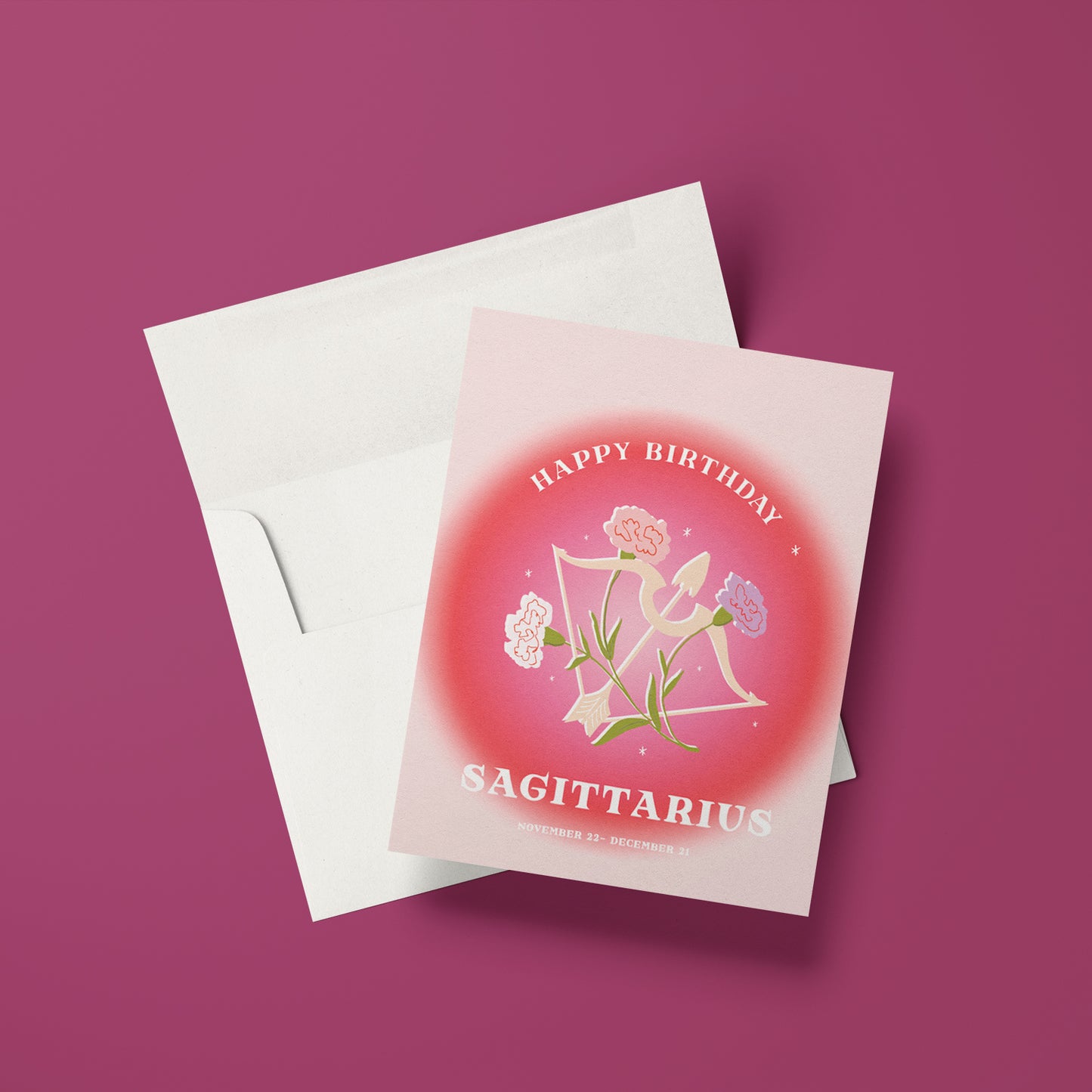 Adventurous birthday card featuring the Sagittarius symbol with an arrow motif, celebrating the free-spirited nature of Sagittarius.