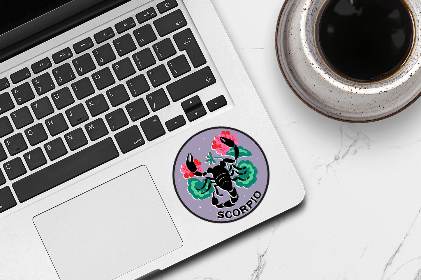 Scorpio zodiac sticker featuring a fierce scorpion design in deep shades, representing passion and resilience.