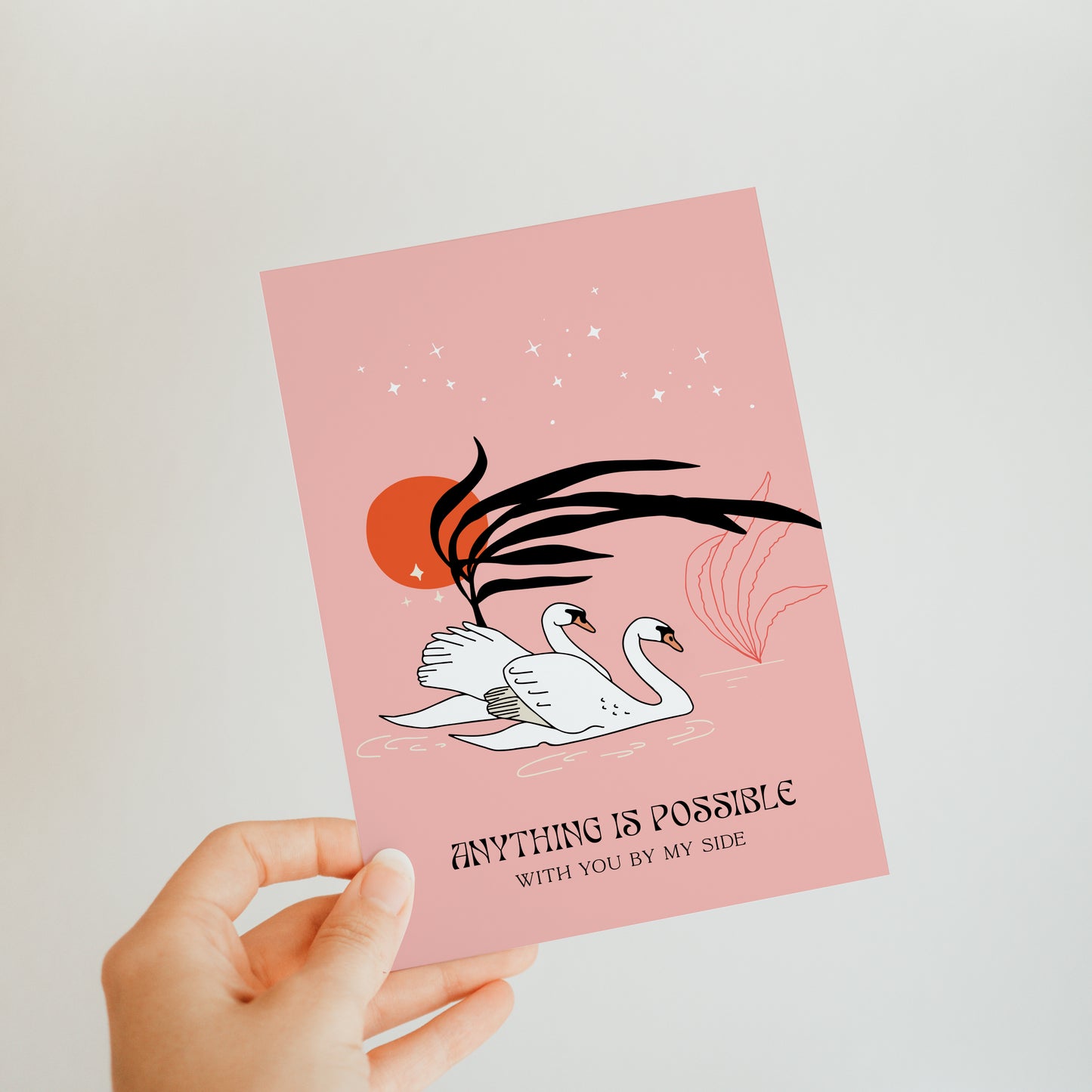 Swans Love greeting card with swan illustration on a pink background - ideal for expressing deep affection and romance.