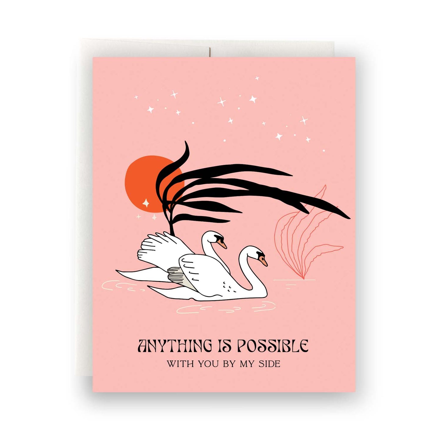Swans Love greeting card with swan illustration on a pink background - ideal for expressing deep affection and romance.