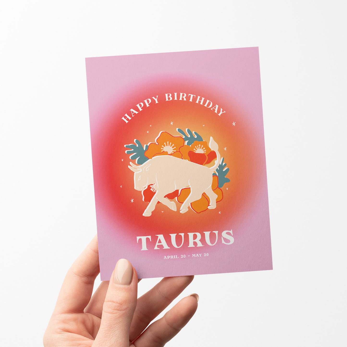 Elegant birthday card showcasing the Taurus symbol with bright reds and the taurus bull, embodying the grounded and nurturing qualities of Taurus.