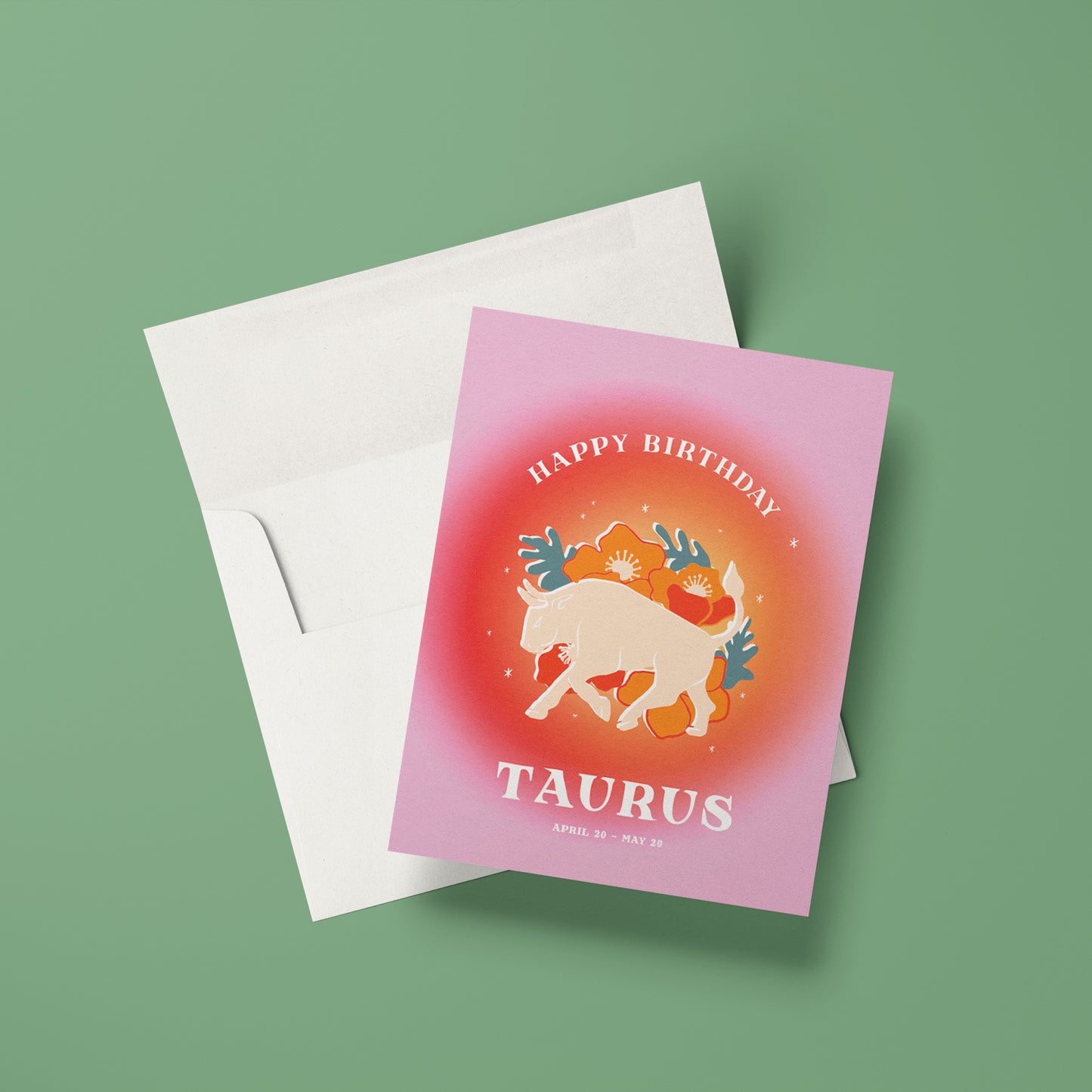 Elegant birthday card showcasing the Taurus symbol with bright reds and the taurus bull, embodying the grounded and nurturing qualities of Taurus.