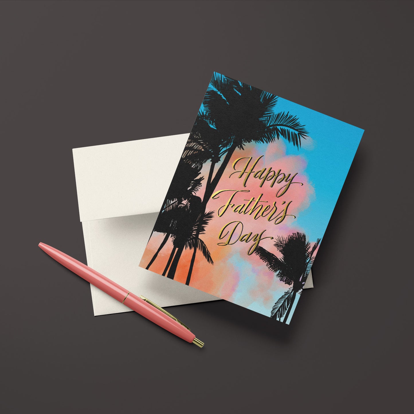 Palms Father's Day card featuring palm trees and a tropical vibe, ideal for dads who enjoy beach and tropical scenery.