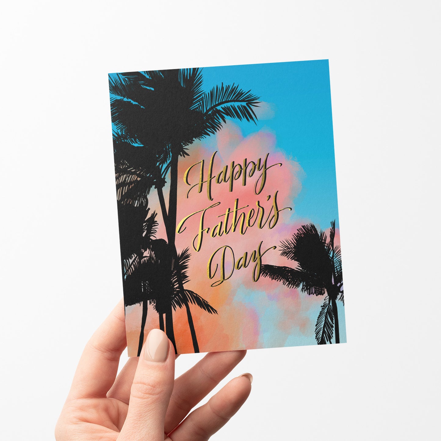 Palms Father's Day card featuring palm trees and a tropical vibe, ideal for dads who enjoy beach and tropical scenery.