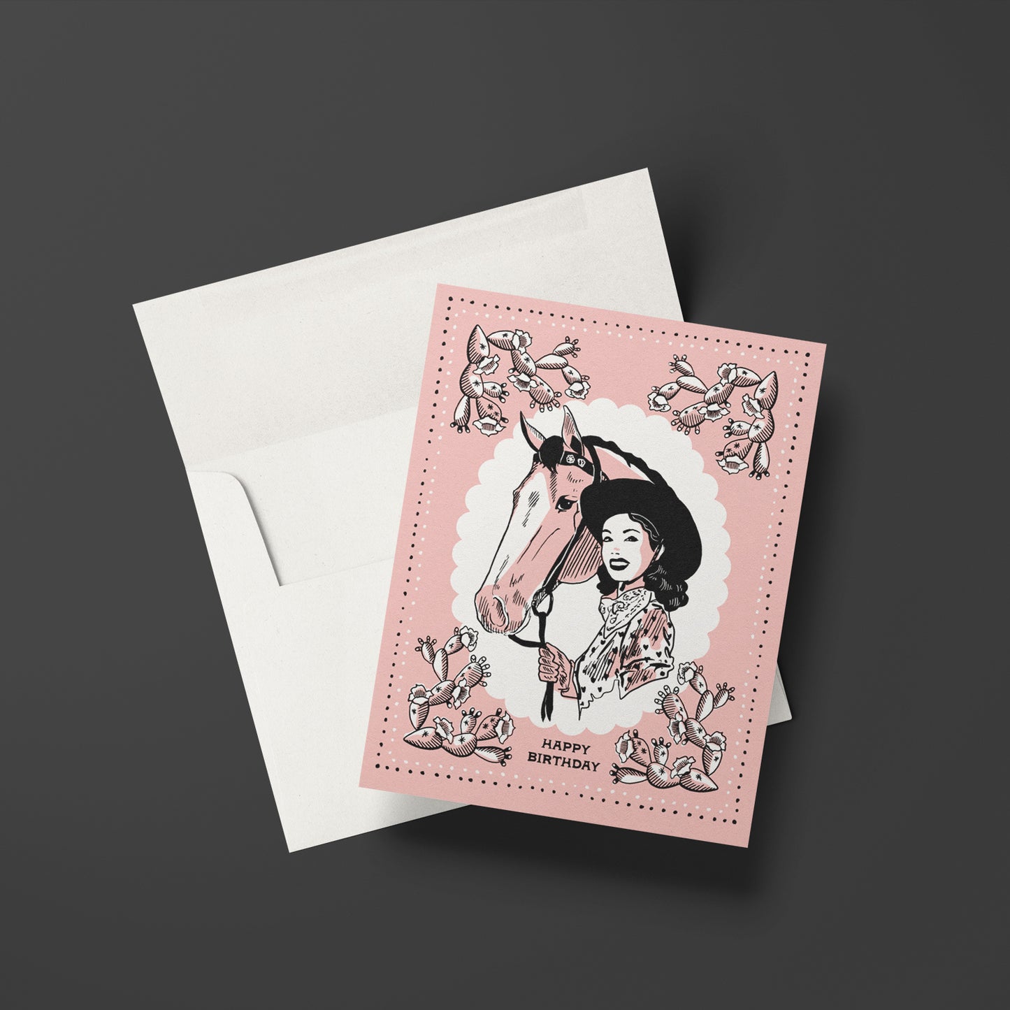 Charming birthday card with vintage cowgirl imagery, featuring classic western attire and a rustic feel for a nostalgic celebration.