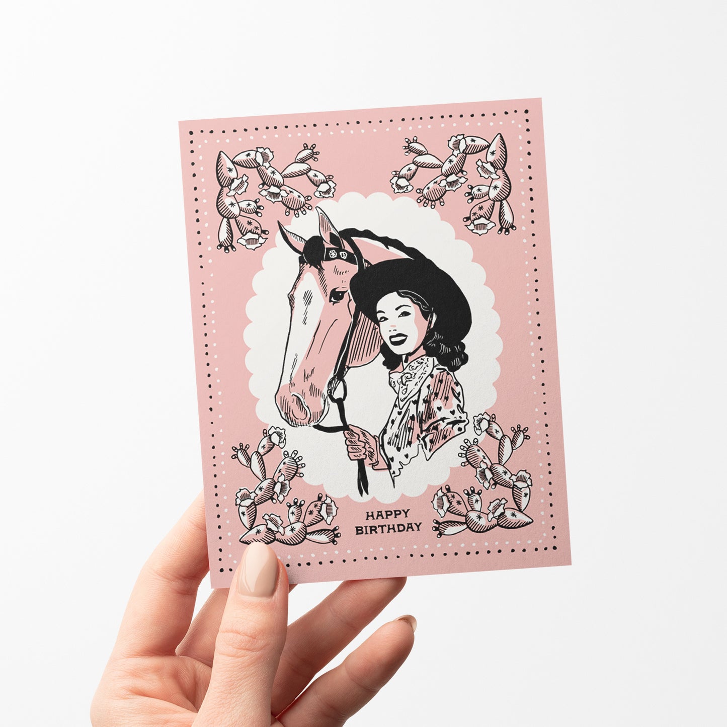 Charming birthday card with vintage cowgirl imagery, featuring classic western attire and a rustic feel for a nostalgic celebration.