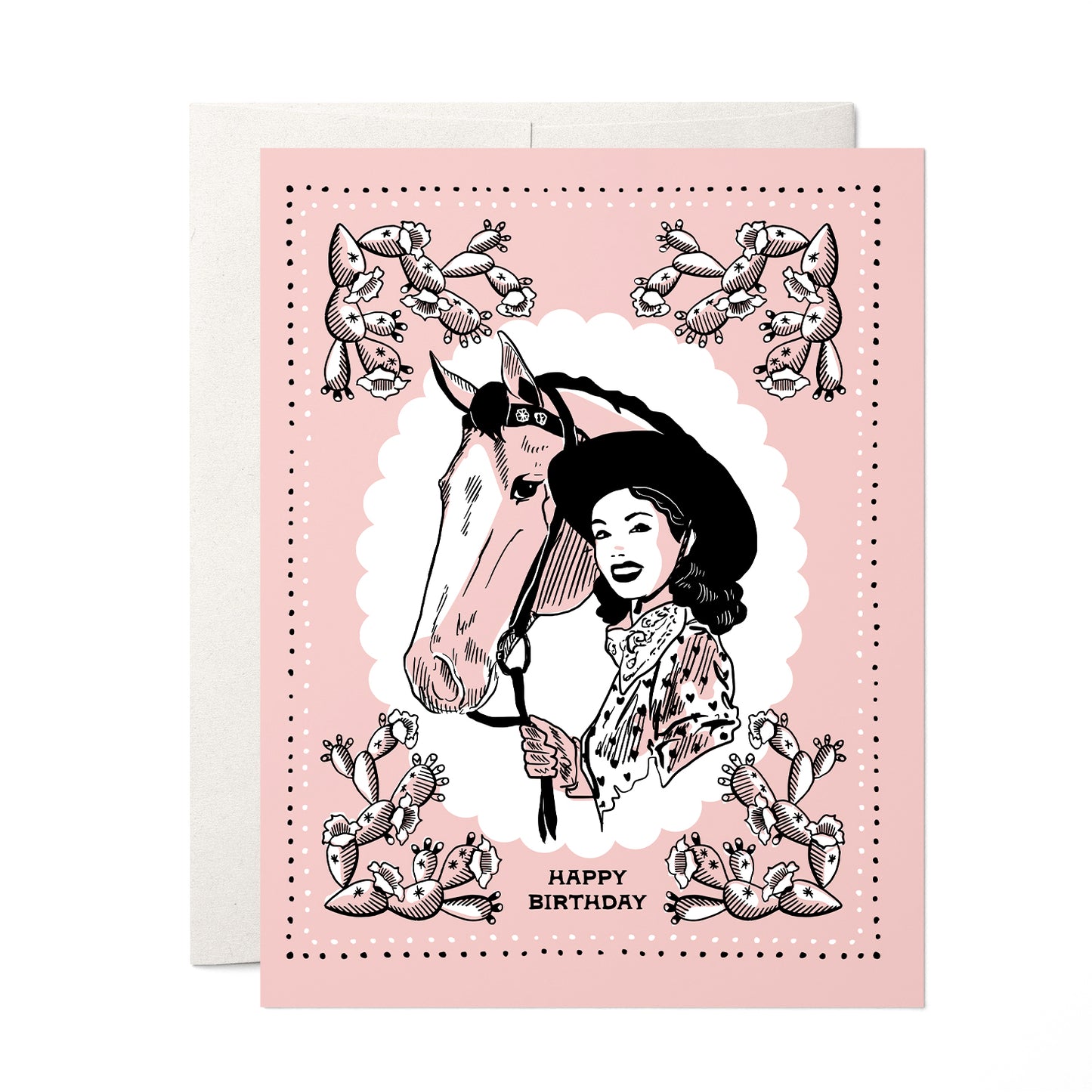 Charming birthday card with vintage cowgirl imagery, featuring classic western attire and a rustic feel for a nostalgic celebration.
