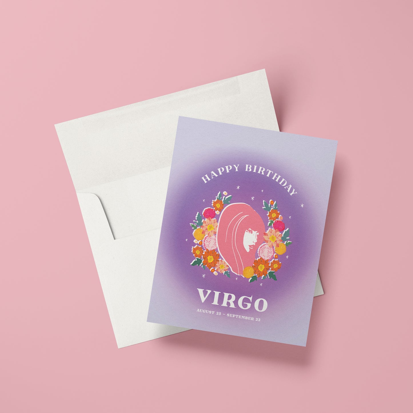 Sophisticated birthday card with the Virgo symbol and intricate floral details, representing Virgo's meticulous and thoughtful personality.