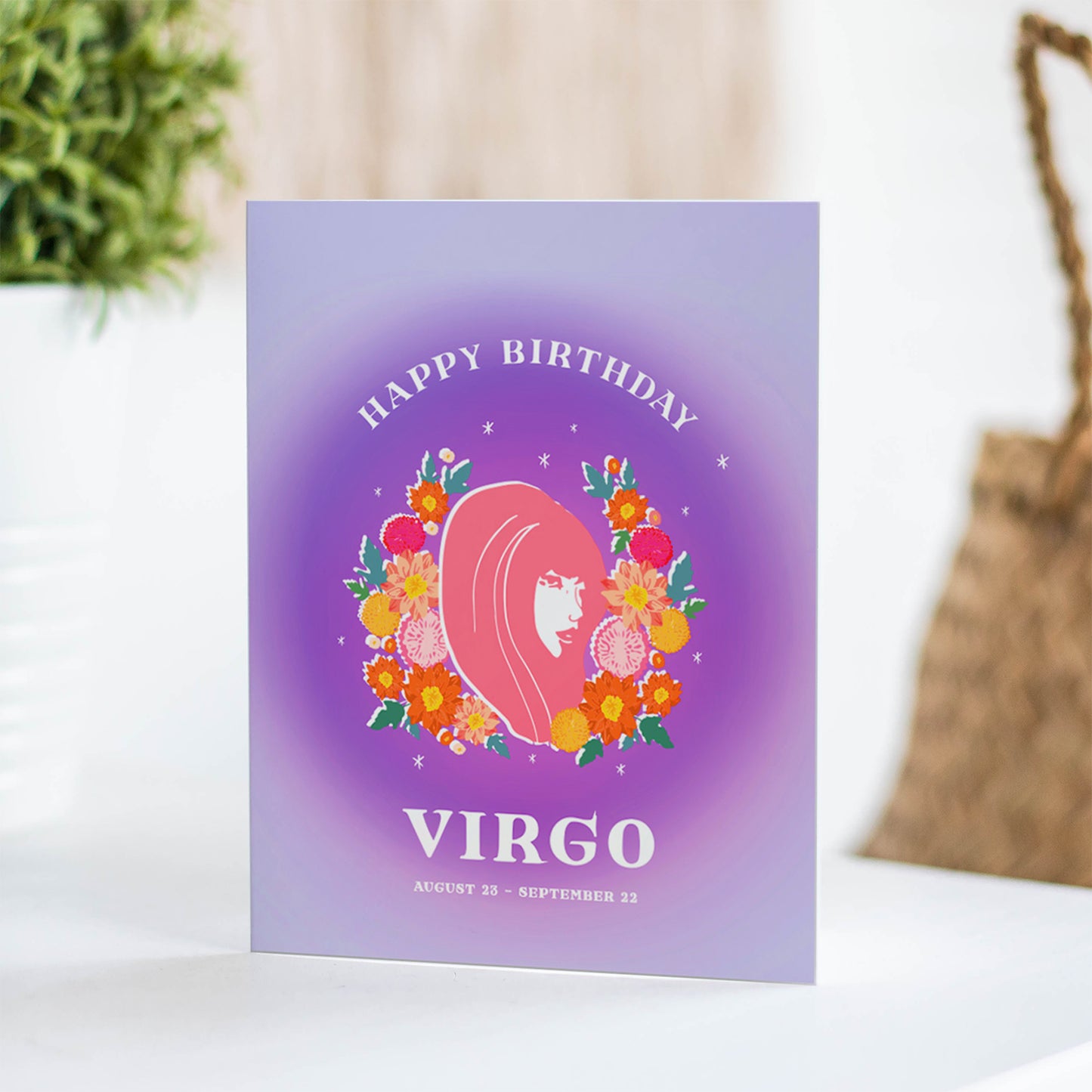 Sophisticated birthday card with the Virgo symbol and intricate floral details, representing Virgo's meticulous and thoughtful personality.