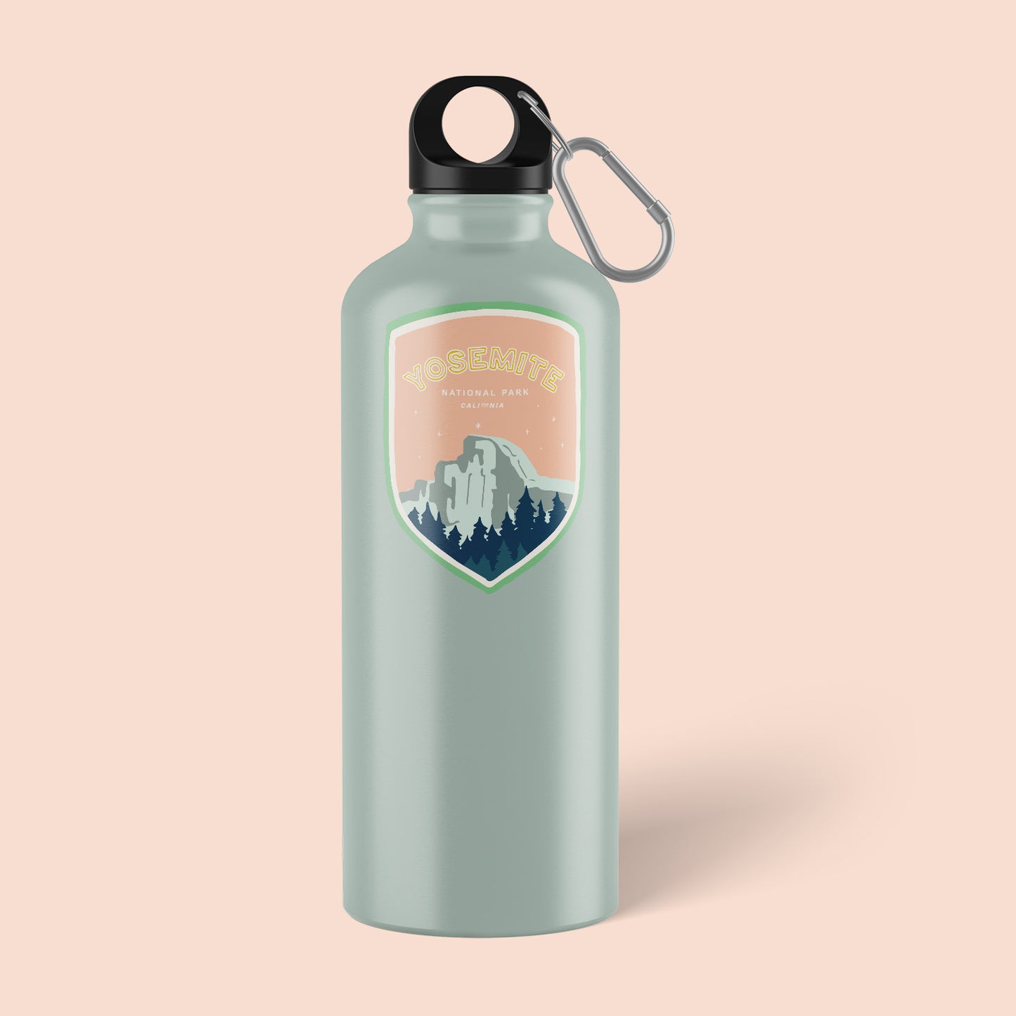 A Yosemite National Park sticker featuring the iconic half dome, including mountains, and evergreen trees, perfect for outdoor enthusiasts and nature lovers.