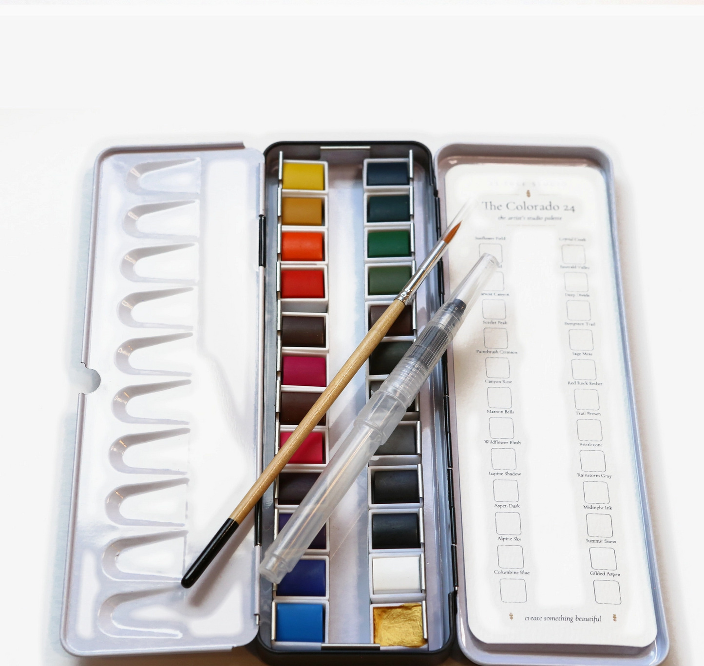 The Colorado 24 — Watercolor Tin, 2 Brushes + Metallic Gold
