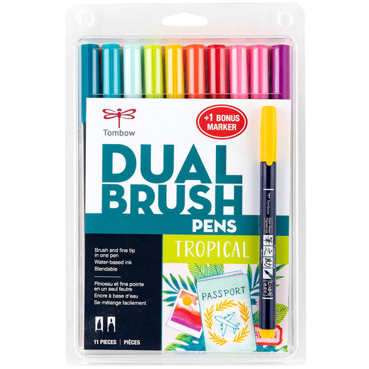 Dual Brush Pen, Tropical, 10-Pack +Free Fudenosuke