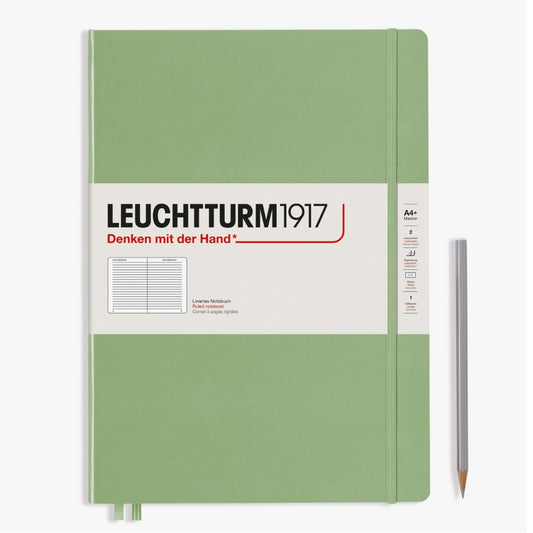 Elegant hardcover ruled notebook in soft sage color, perfect for writing, journaling, and note-taking.